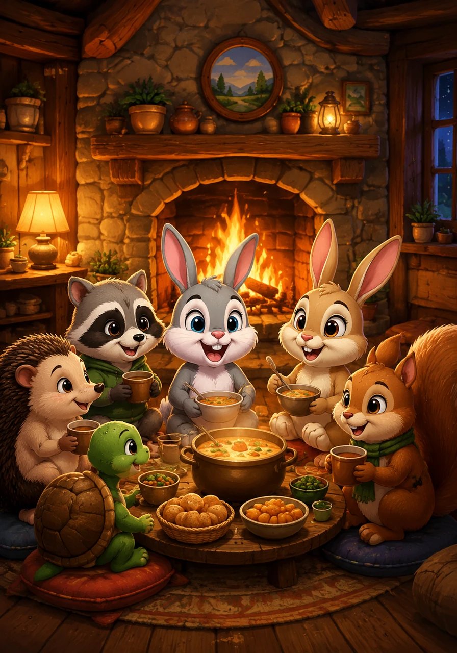 À l'intérieur de la maison douillette, une douce chaleur enveloppe la pièce grâce à un grand feu pétillant. Panpan et Tinou s'installent confortablement près de la cheminée avec leurs amis. Tous ensemble, ils savourent un bon repas chaud bien mérité.
