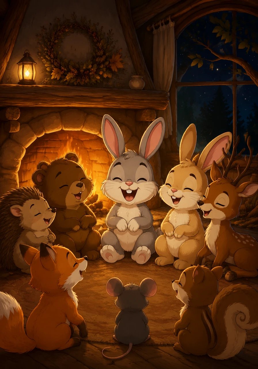 Le ventre bien rempli et l'esprit apaisé, tous les animaux se regroupent autour du foyer. Les voix se font plus douces pour chanter une paisible berceuse de la forêt. Les animaux ferment doucement les yeux pendant que la nuit enveloppe le monde extérieur.