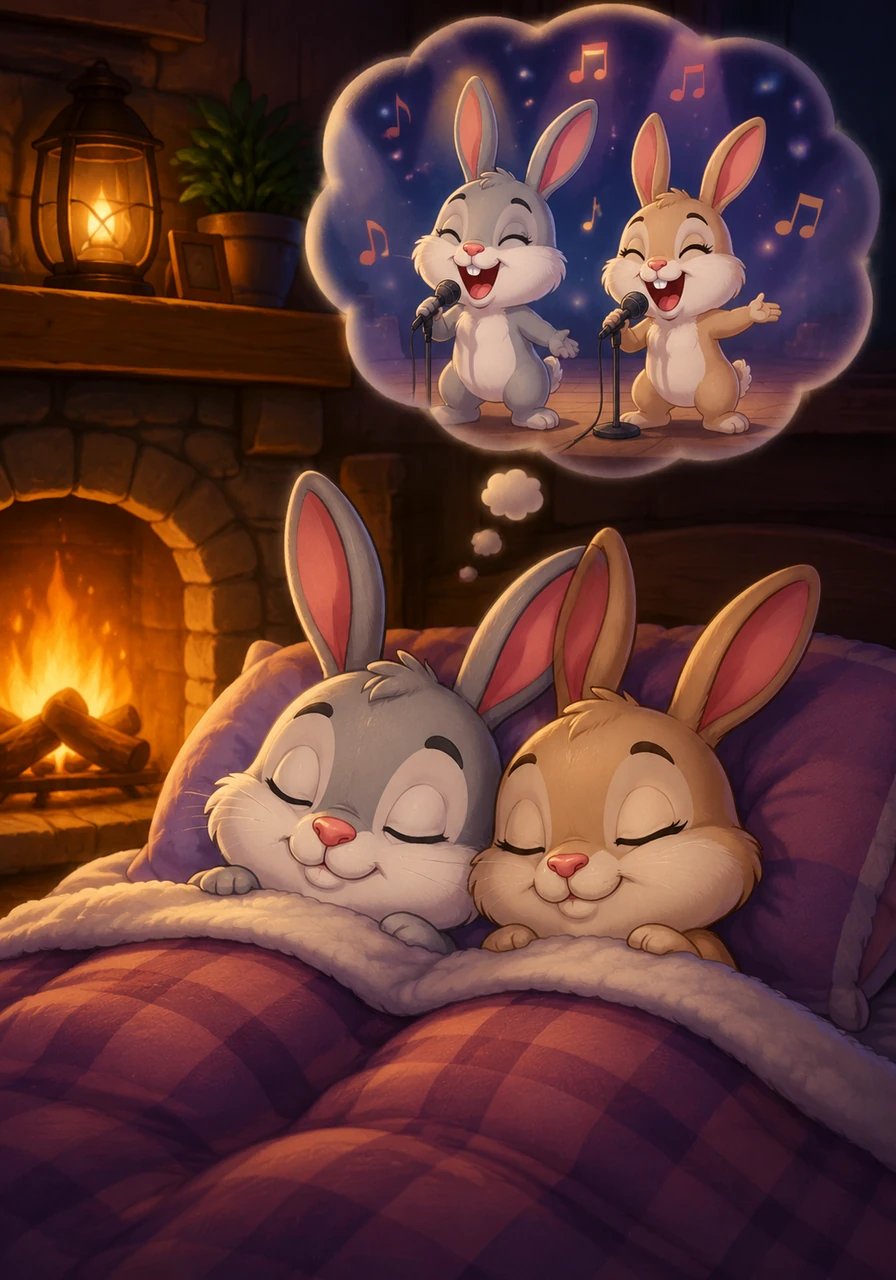 Bien au chaud sous de douces couvertures, les deux petits lapins sentent leurs paupières devenir lourdes. Le feu ronronne silencieusement tandis que chacun s'endort sereinement. Panpan et Tinou s'endorment paisiblement en rêvant à cette merveilleuse journée chantante.