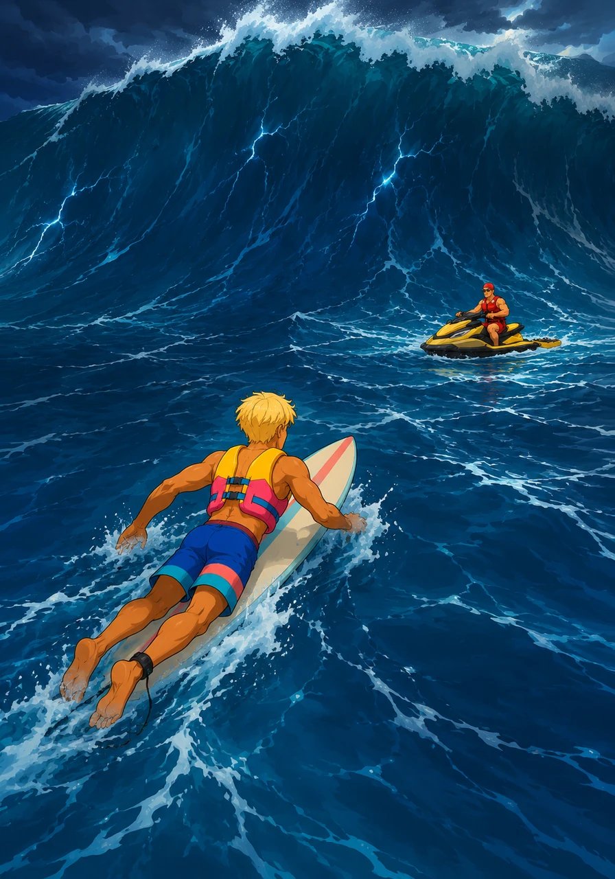 Kai paddled his surfboard out into the deep blue, the ocean swelling with an ominous, electric energy. High above him, a monstrous wall of water began to block out the sun, casting a massive shadow over the tiny surfer.