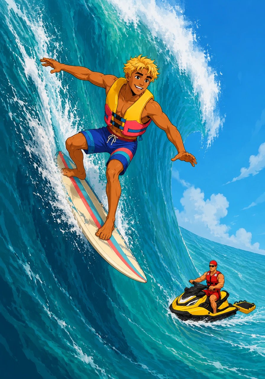 With a burst of adrenaline, Kai spun his board around and paddled with all his might as the mountain of water lifted him high into the sky. He stood up on his board, dropping down a terrifyingly steep, vertical wall of churning turquoise water.