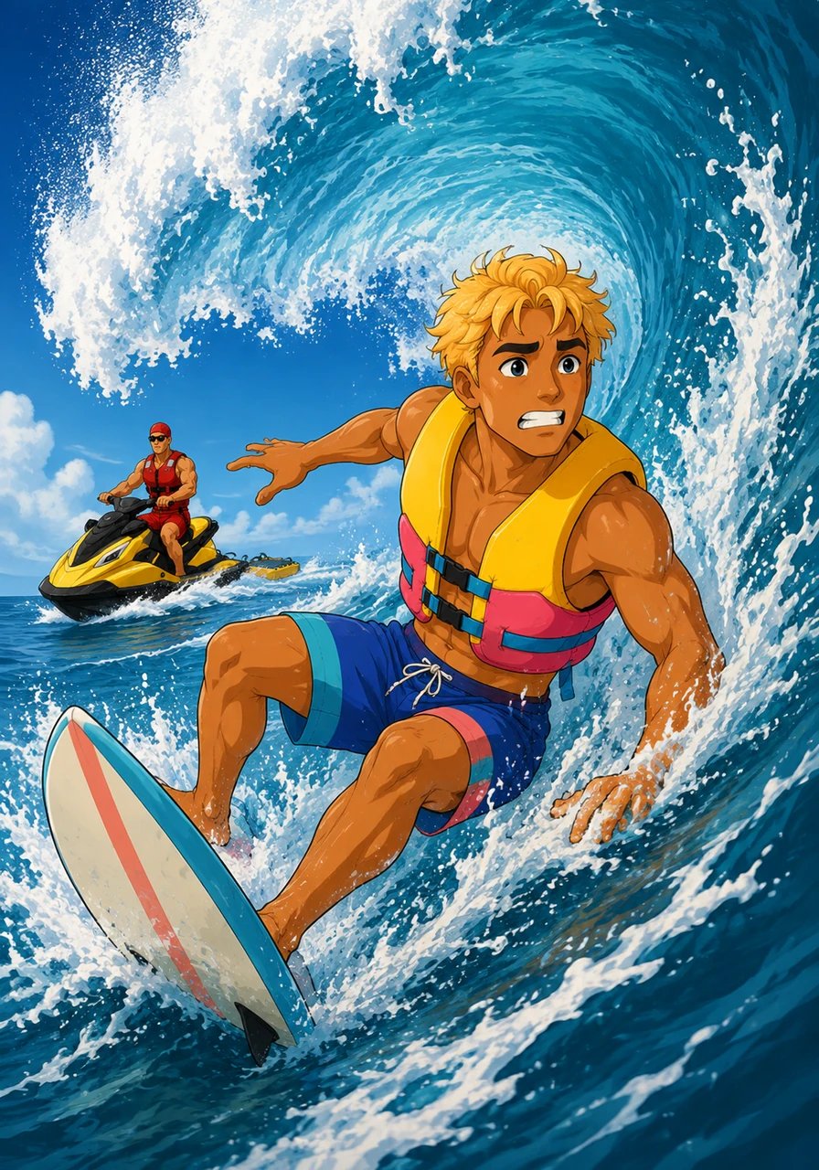 The sheer speed was blinding as the massive lip of the wave began to throw forward, threatening to swallow him whole. Kai leaned heavily into his turn, but the immense turbulence of the water caused his board to wobble violently.