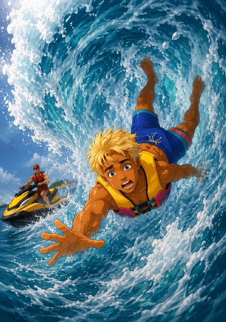 In a sudden, heart-stopping flash, Kai lost his footing and was thrown headfirst into the roaring belly of the liquid beast. The world spun upside down as the collapsing wave engulfed him in a massive explosion of white foam and thunderous noise.