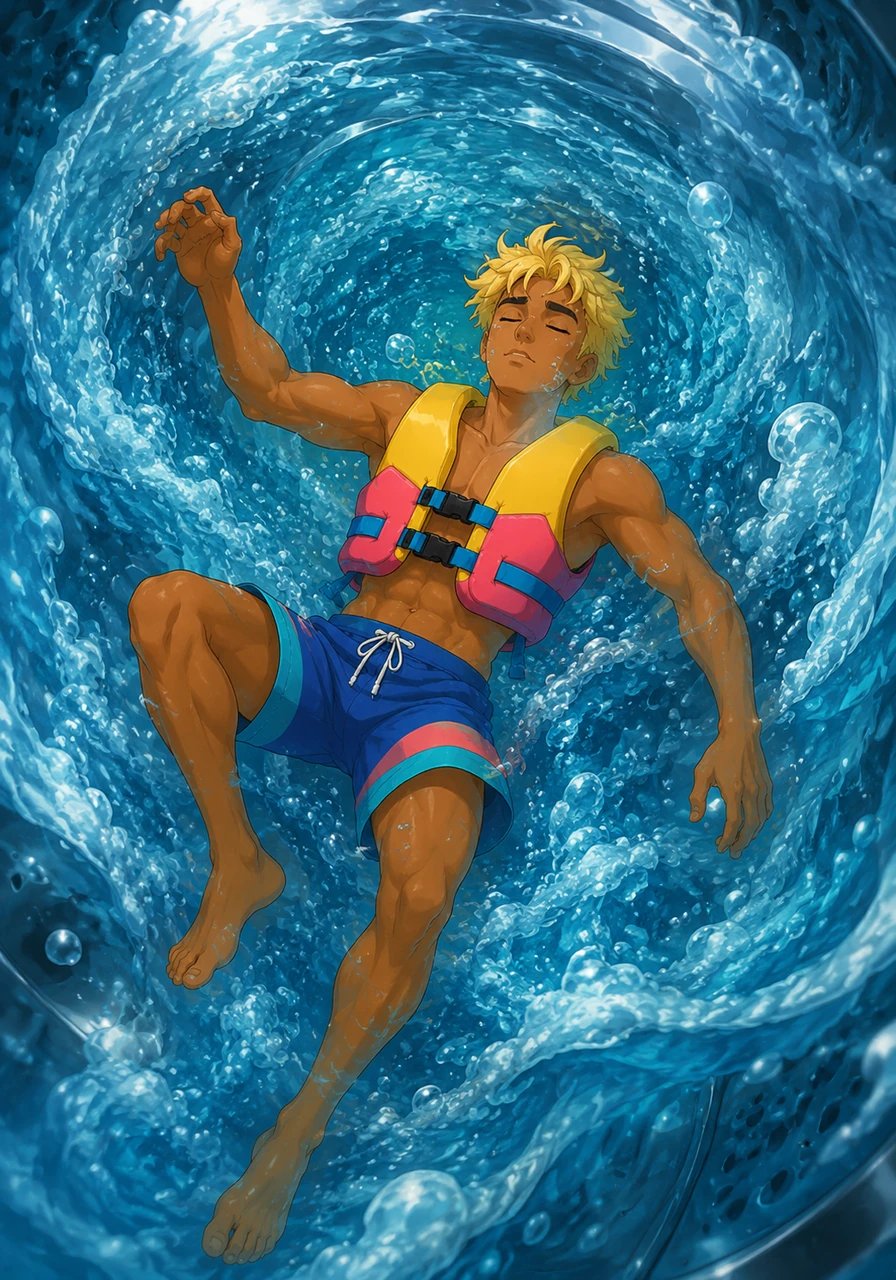 Deep beneath the surface, Kai was caught in a fierce, churning washing machine of bubbles and currents. He stayed completely still, forcing himself to relax his muscles and conserve his precious breath as the water tossed him around like a leaf.