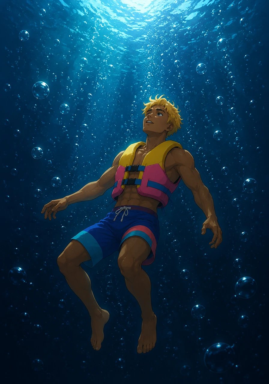 The ocean grew eerily quiet and dark as he drifted deeper, the fierce churning slowly giving way to a calm, weightless suspension. Surrounded by a galaxy of tiny, glowing air bubbles, Kai looked up toward the faint, shimmering light of the surface.