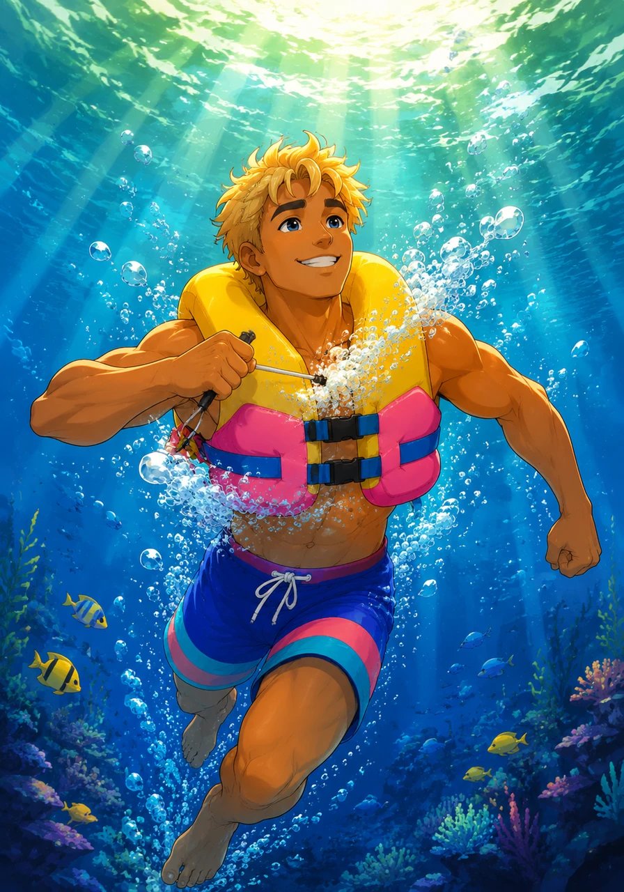 Remembering his training, Kai pulled the cord on his inflatable safety vest, and a burst of air quickly propelled him upward. He swam with steady, rhythmic strokes, his eyes fixed on the bright green sunlight dancing on the ocean's ceiling.