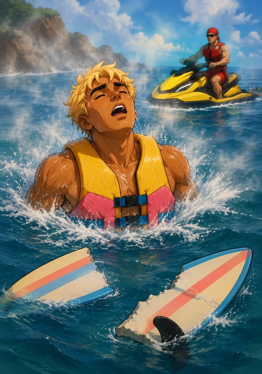 Breaking through the surface with a loud gasp, Kai inhaled the sweet, cool air as the mist cleared around him. A short distance away, his broken surfboard bobbed gently in the water, a testament to the incredible power he had just survived.