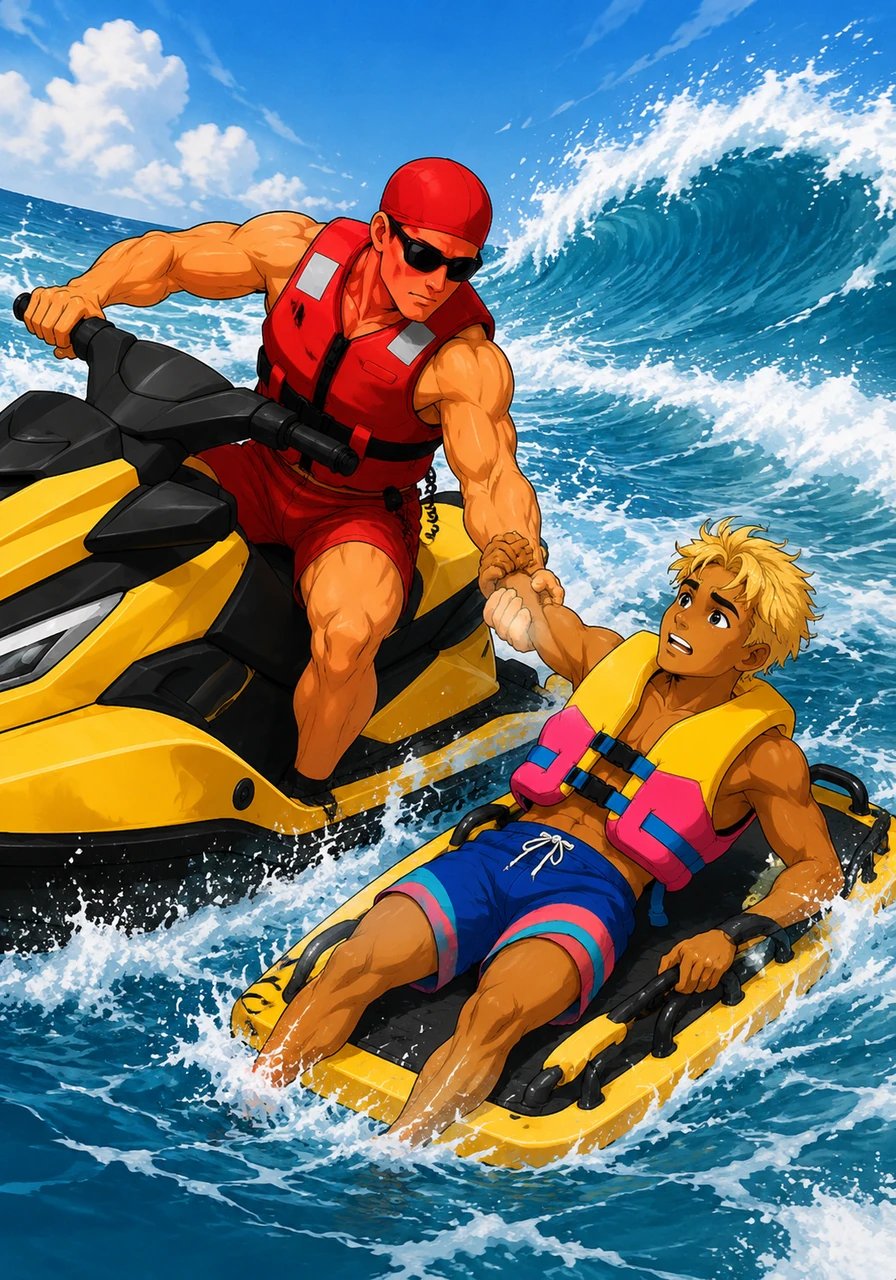 The rescue jet ski roared through the dying foam, pulling up right alongside Kai just as the next set of waves approached. With a firm grip, the lifeguard pulled Kai onto the safety sled, whisking him away from the danger zone and back toward the shore.