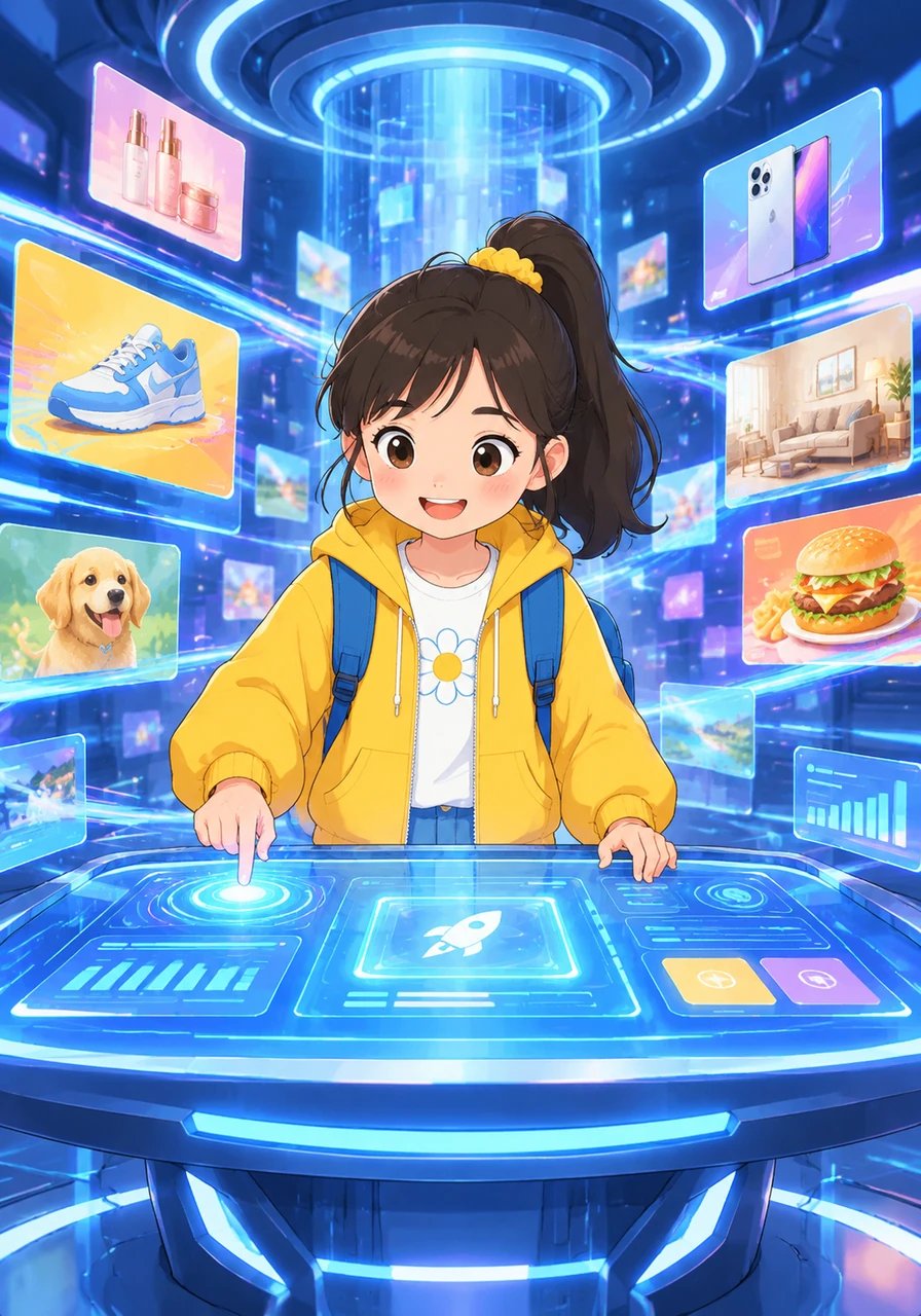 Maya stands before a glowing control console inside the digital nexus, initializing her new campaign software. With a swift tap, she configures Real-Time Bidding auctions that evaluate millions of impression opportunities per second, carefully setting target Cost Per Mille rates to maximize efficiency. High-speed data streams pulse around her as digital ad inventory flashes across the screen.