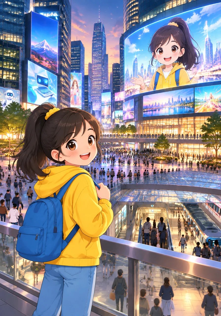 Maya looks out over the bustling metropolis, where giant digital screens glow in subway stations, public squares, and shopping centers. She initiates automated auctions for these physical Digital Out-of-Home locations, broadcasting her message to crowds of travelers in real time. The city lights up with vibrant displays perfectly timed for passing commuters.