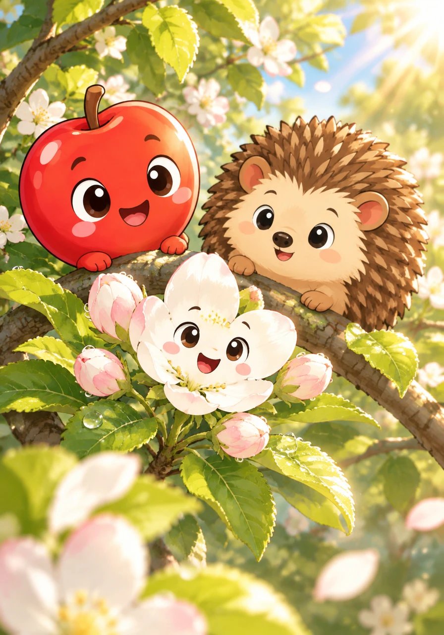 In a quiet, sun-dappled orchard, a tiny white apple blossom nestles among tender green leaves. As the gentle morning breeze whisks through the branches, delicate petals catch the golden sunlight, shimmering with dew drops. Pip the blossom sways happily, dreaming of the wondrous day when he will grow into a full, sweet apple.