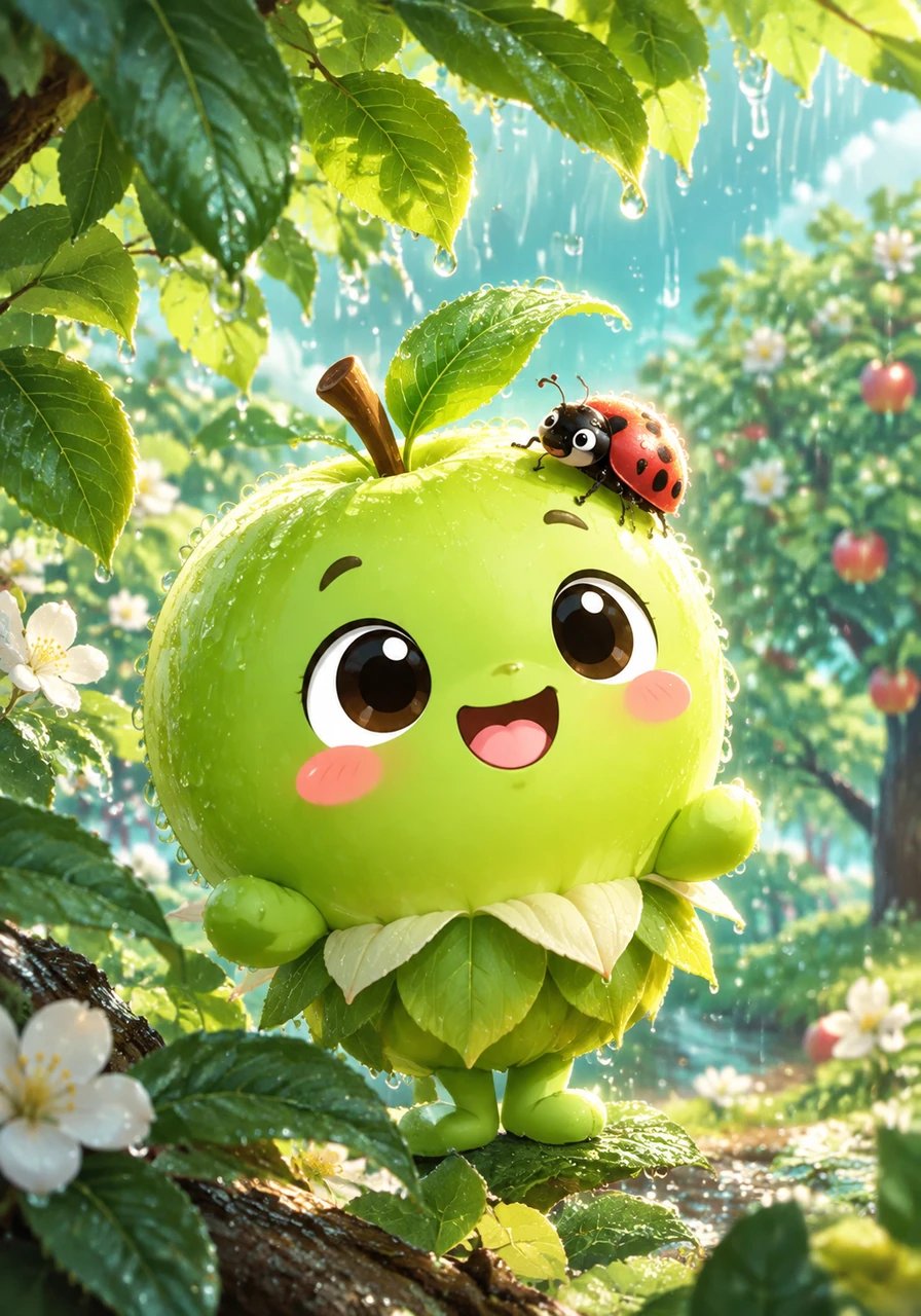 Warm summer rain showers dance upon the orchard, bathing the leafy canopy in fresh turquoise light. Beneath a soft shield of leaves, Pip begins to transform from a delicate flower into a small, vibrant green apple. A friendly ladybug rests gently on Pip's smooth skin, sharing stories of the vast world beyond the quiet tree.