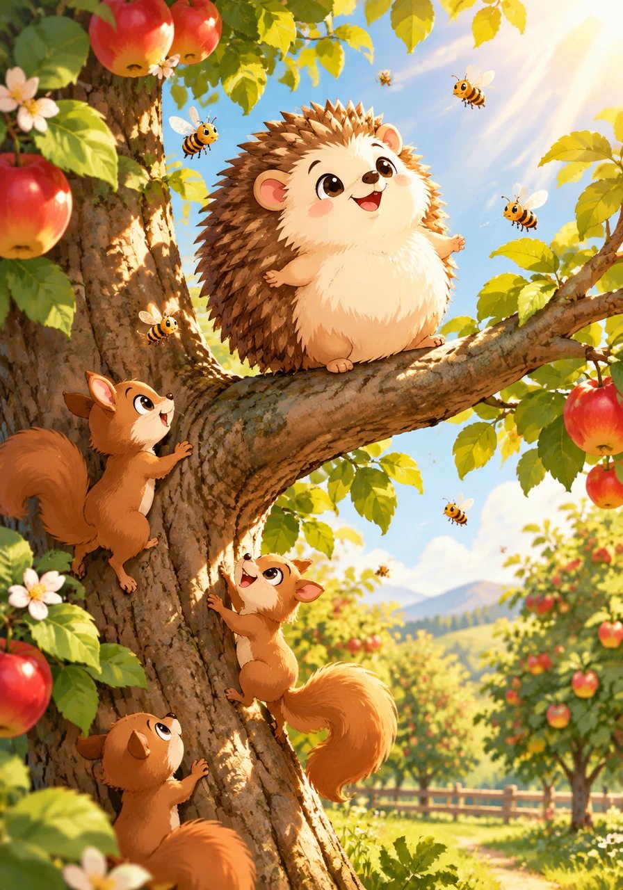 Days grow warmer as summer reaches its peak, filling the orchard with golden light and buzzing honeybees. Pip drinks in the nourishing sunshine every afternoon, slowly growing plump and stretching towards the sky. He watches playfully as cheerful squirrels dart up and down the wooden tree trunk below.