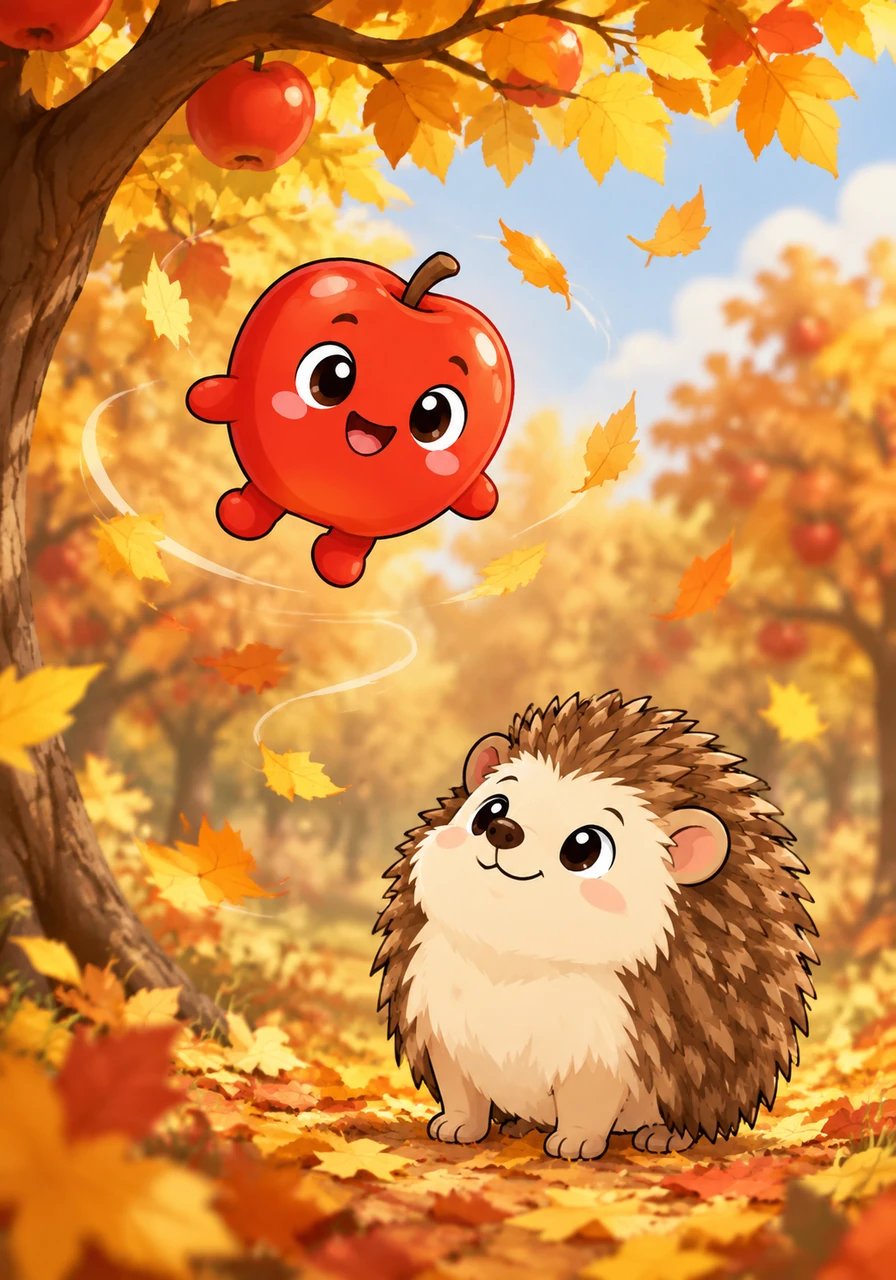 A gentle gust of autumn wind swirls through the orchard branches with a soft, singing rustle. With a cheerful flutter, Pip detaches from his branch and floats gracefully down to a bed of soft, golden leaves. He lands with a light bounce, looking up at the lofty branches where his journey first began.