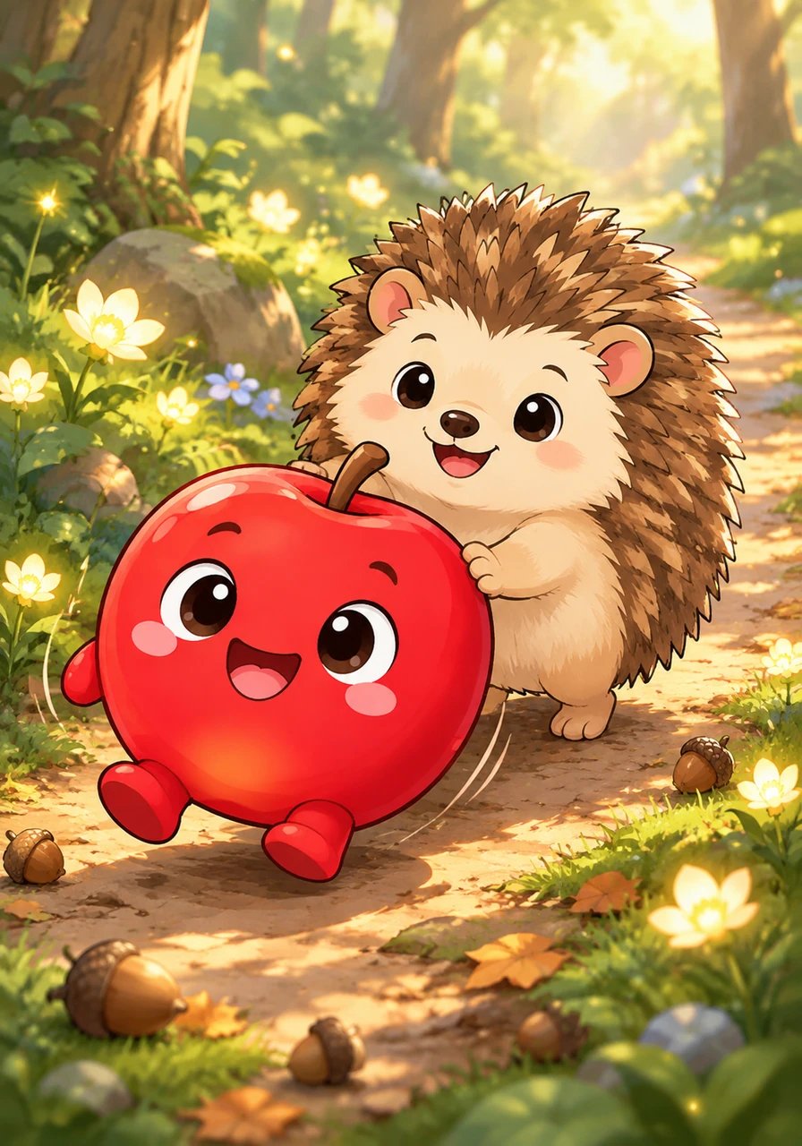 A friendly woodland hedgehog named Bristle waddles over, his small dark eyes twinkling with curiosity. Bristle gently rolls Pip along a winding pathway lined with glowing wildflowers and fallen acorns. Pip giggles as he rolls smoothly, thrilled to explore the forest floor for the very first time.