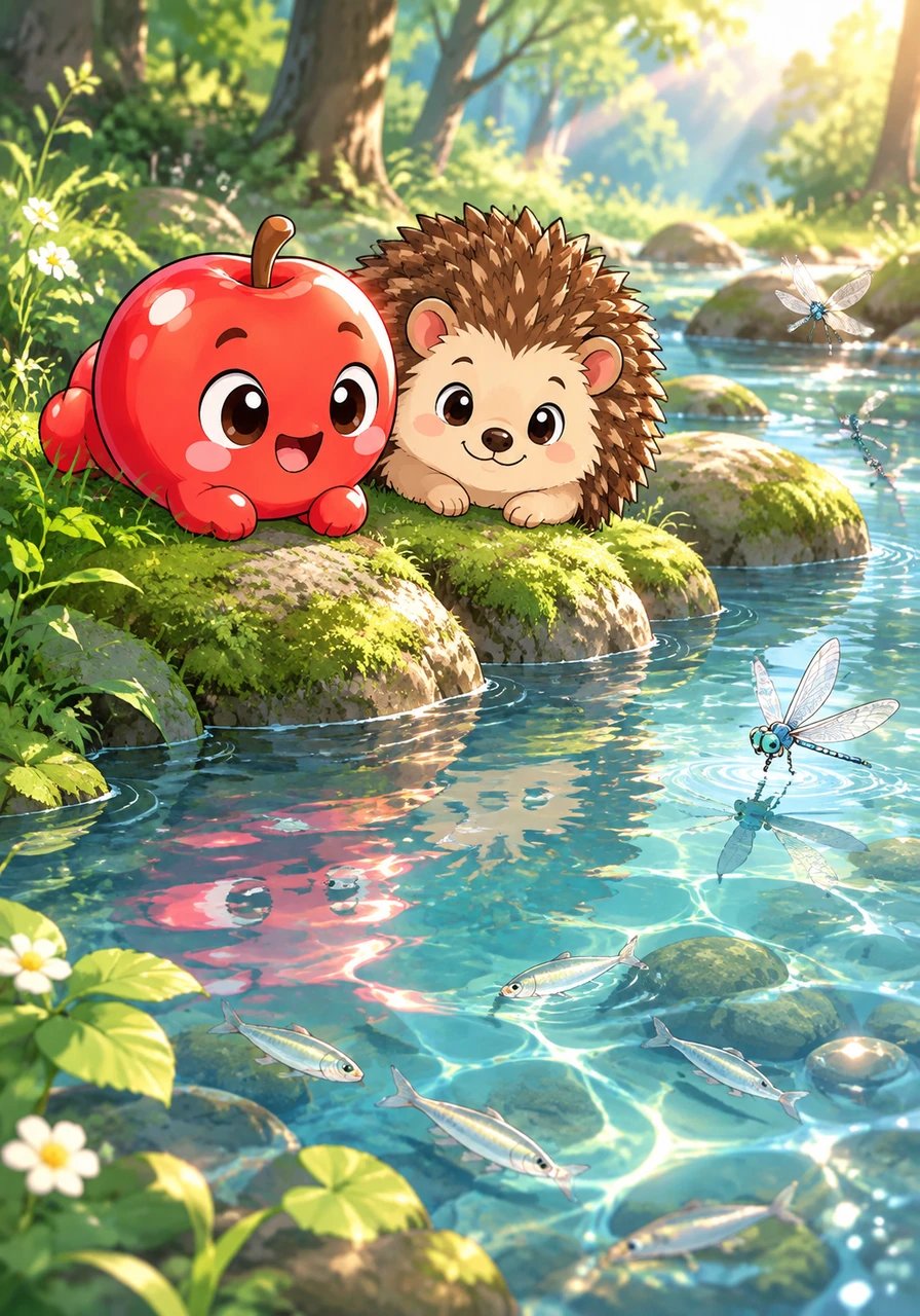 The forest path leads to a clear, sparkling stream where dragonflies dance across the water's glassy surface. Pip and Bristle rest beside a mossy riverbank, watching tiny silver fish dart through the clear currents. Sunlight reflects off Pip's glossy red skin, casting warm pink ripples across the cool water.