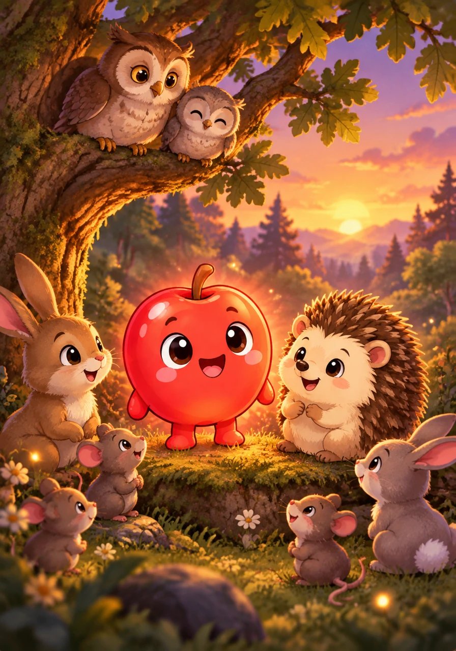 As the sun begins to set, casting soft purple and amber shadows across the woodland, a cozy gathering of forest animals forms under a large oak tree. Wise old owls, tiny field mice, and soft rabbits gather round, admiring Pip's dazzling, rosy glow. Pip feels a warm sense of belonging, realizing how wonderful it is to share joy with new friends.