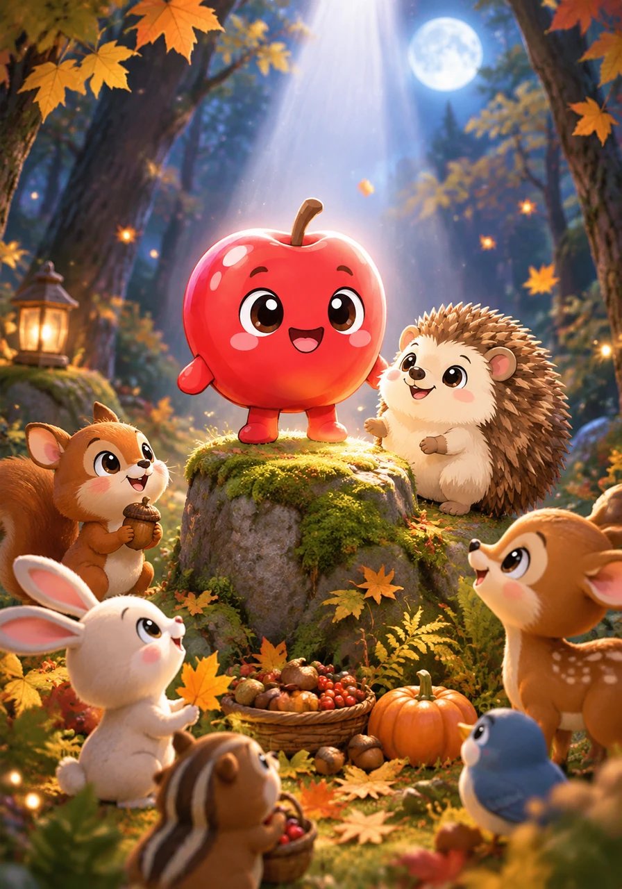 The woodland friends decide to place Pip atop a beautiful, mossy pedestal in the heart of the forest clearing as a symbol of harvest and friendship. Gentle moonlight bathes Pip in a silver glow, making him look like a radiant crown jewel of nature. All the creatures gather in a quiet, cozy circle, celebrating the sweet abundance of autumn.