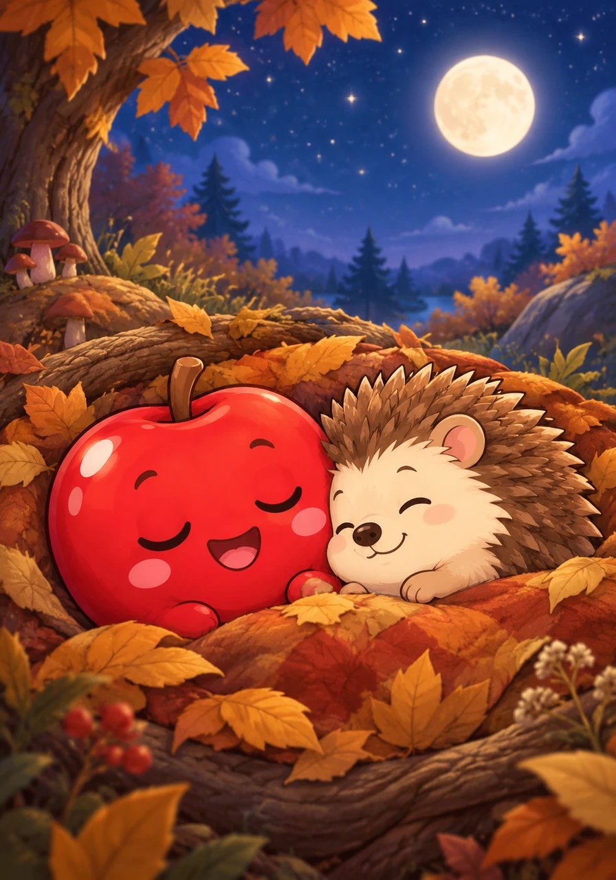 Under a starry autumn sky, Pip slumbers peacefully surrounded by his loving woodland family. He knows that his seeds carry the magic of future orchards, waiting to grow into new trees when spring arrives. Wrapped in warmth and happiness, the little red apple smiles, knowing that every ending is simply the start of a wonderful new adventure.