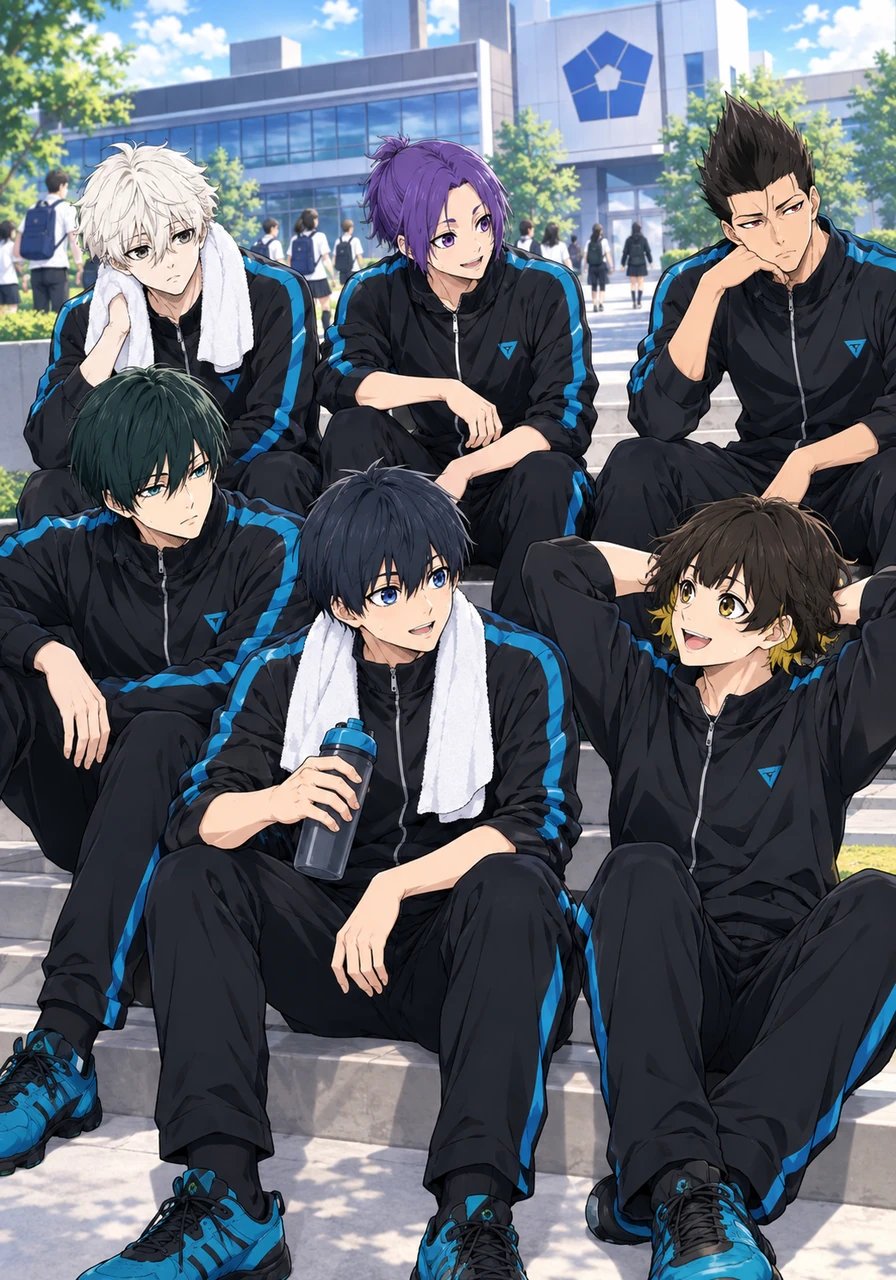 Directly across the courtyard sits the modern training facility of Blue Lock, where six star strikers—Isagi, Rin, Nagi, Reo, Bachira, and Barou—are taking a short breath between intense training sessions. The energetic chatter of the courtyard fills the air as students move between classes.