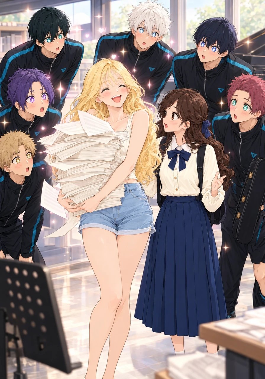 As Jully laughs at a joke from Tina and adjusts her armful of sheet music, all six Blue Lock athletes suddenly stop in their tracks. A strange spell falls over them as their eyes lock onto Jully, completely ignoring Tina and everything else around them.