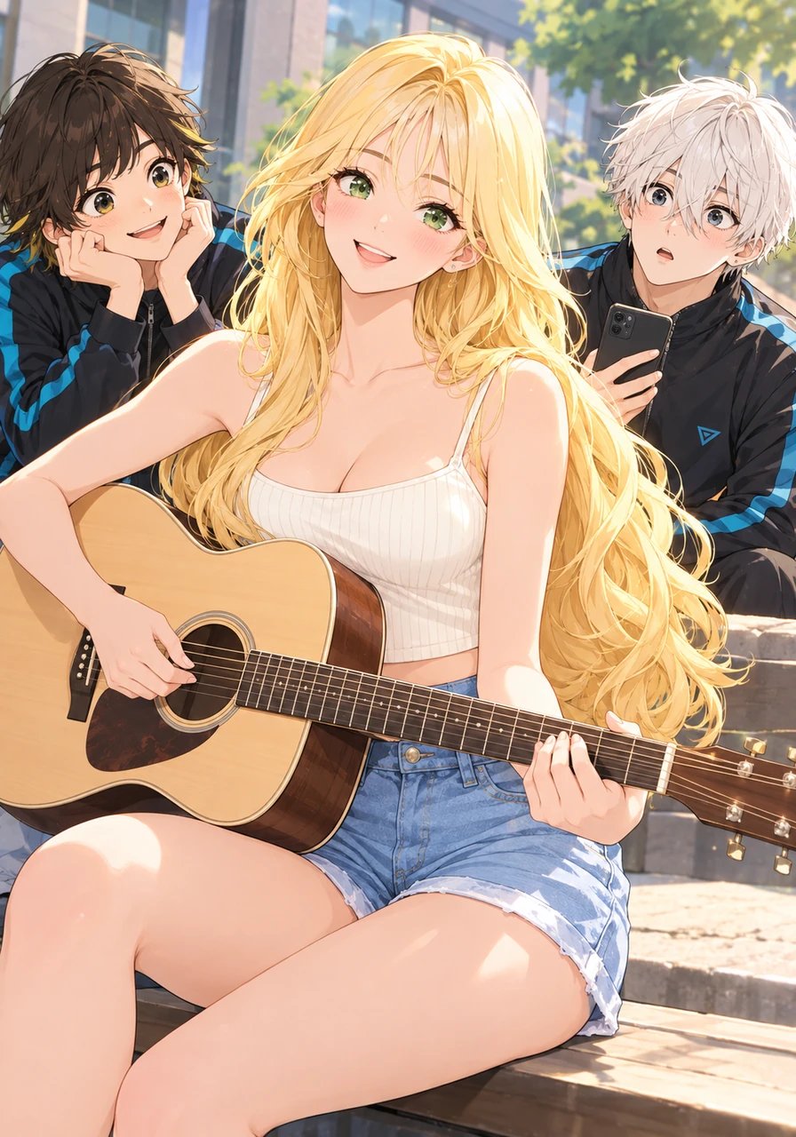 Bachira tilts his head with a fascinated, cat-like grin while Nagi lowers his smartphone, utterly paralyzed by Jully's radiant charm. Neither of them can tear their gaze away from the bright golden-haired musician.