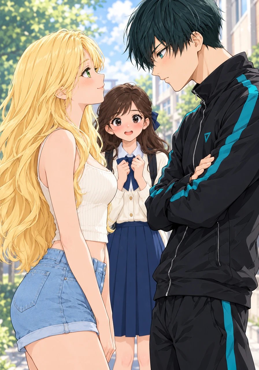 Rin crosses his arms, his usual stern expression giving way to a deep, intense fascination that burns in his teal eyes. Standing beside him, Isagi feels his heart leap into a rapid rhythm, utterly hypnotized by her serene green gaze.
