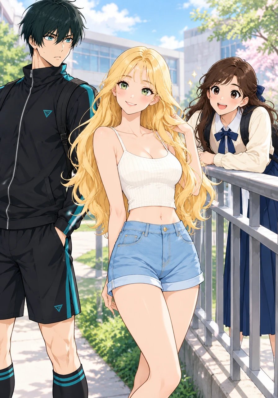 Barou stands tall and silent, caught entirely off guard by Jully's flawless grace and commanding visual harmony. Meanwhile, Reo leans against the railing with a breathless smile, recognizing the aura of a true superstar.