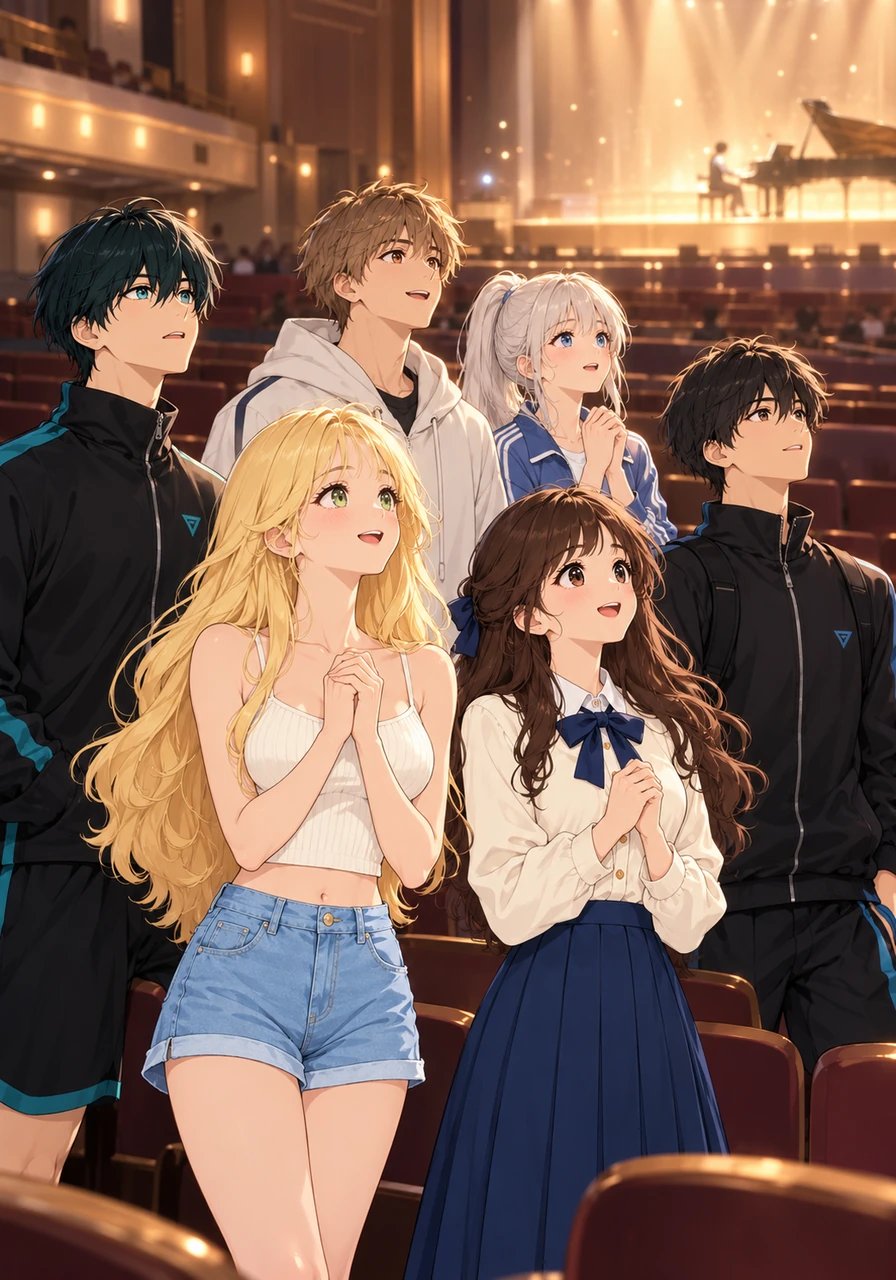 Drawn across the shared plaza by the enchanting piano melodies echoing into the open air, the six Blue Lock prodigies slip quietly into the back row of the auditorium. They stand together in silent awe, spellbound by the sheer genius and emotion spilling from her fingertips.