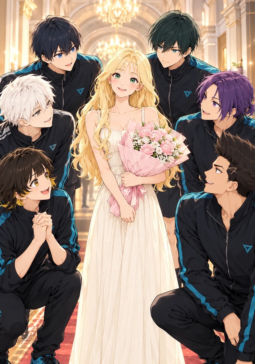 As Jully walks out into the grand hallway after her recital, Isagi, Rin, Nagi, Reo, Bachira, and Barou step forward to greet her together. Surrounded by six extraordinary soccer stars offering captivated praise, Jully smiles softly as an unforgettable new chapter begins.