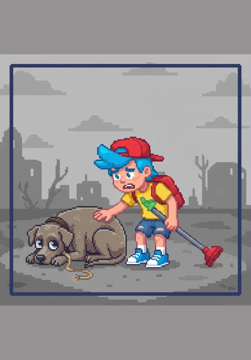 He finds Buster’s old, frayed leash lying by the door, but the house is chillingly silent and the air feels heavy. The backyard is overgrown with tall weeds, and the neighborhood looks like a desolate wasteland where time stood still.