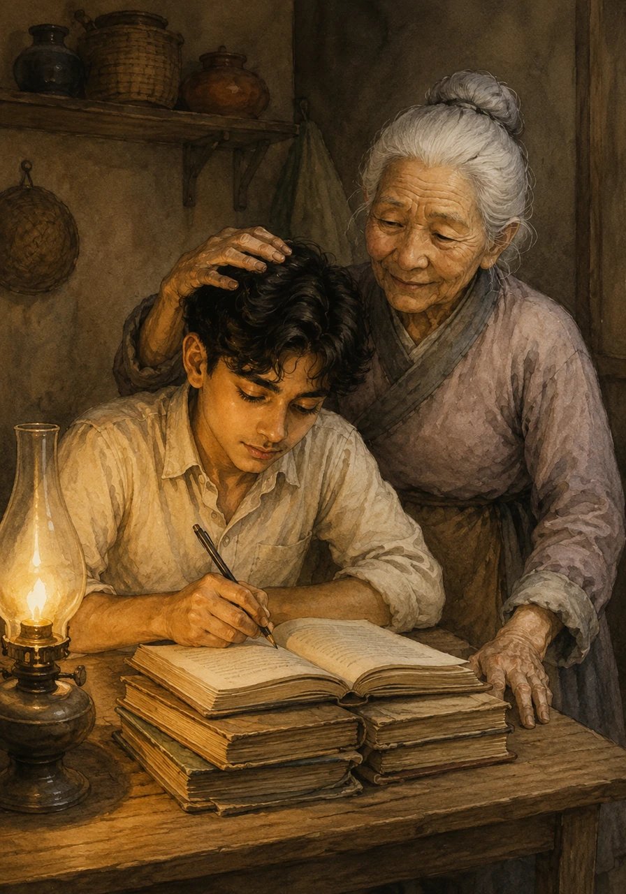Di bawah cahaya lampu minyak yang temaram, Bima belajar dengan tekun menggunakan buku-buku bekas yang ia dapatkan dari kota. Nenek selalu duduk di sampingnya, membelai rambut Bima sambil membisikkan doa agar kelak cucunya bisa meraih masa depan yang lebih cerah.