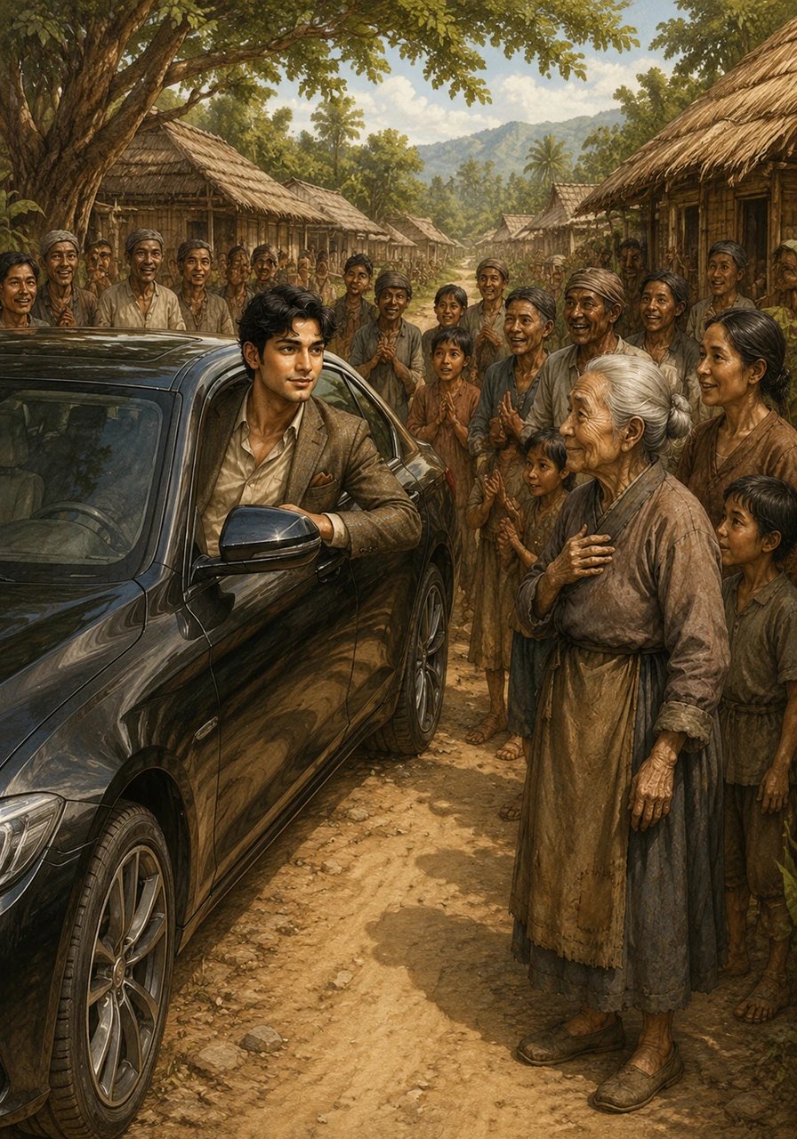 Bima akhirnya kembali ke desa terpencilnya dengan mengendarai mobil yang bagus, melewati jalanan setapak yang dulu sering ia lalui dengan kaki telanjang. Kedatangannya disambut riuh oleh warga desa yang kagum melihat perubahan anak laki-laki yang dulu begitu miskin.
