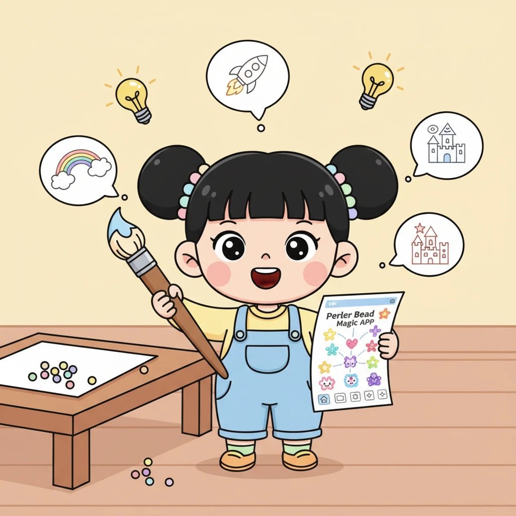 灵光一闪!小艺决定要自己“创造”这个魔法。她拿起画笔和纸,开始设计她心中的“拼豆魔法APP”,画出了一个充满创意和可能性的世界。