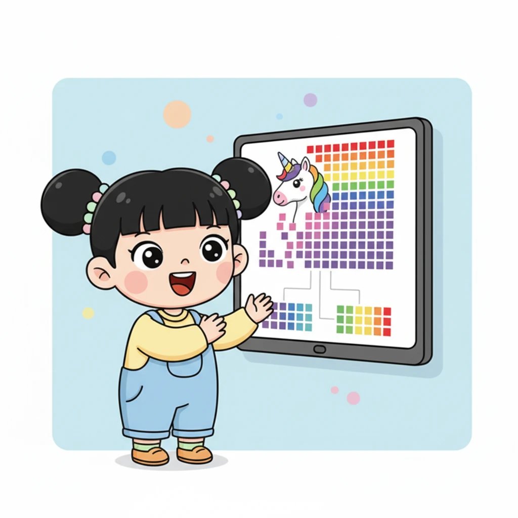 屏幕上,彩虹独角兽的图片瞬间分解成了一个个五彩斑斓的小方格,就像拼豆的格子图一样整齐排列。每一个方格都精准地识别出颜色。