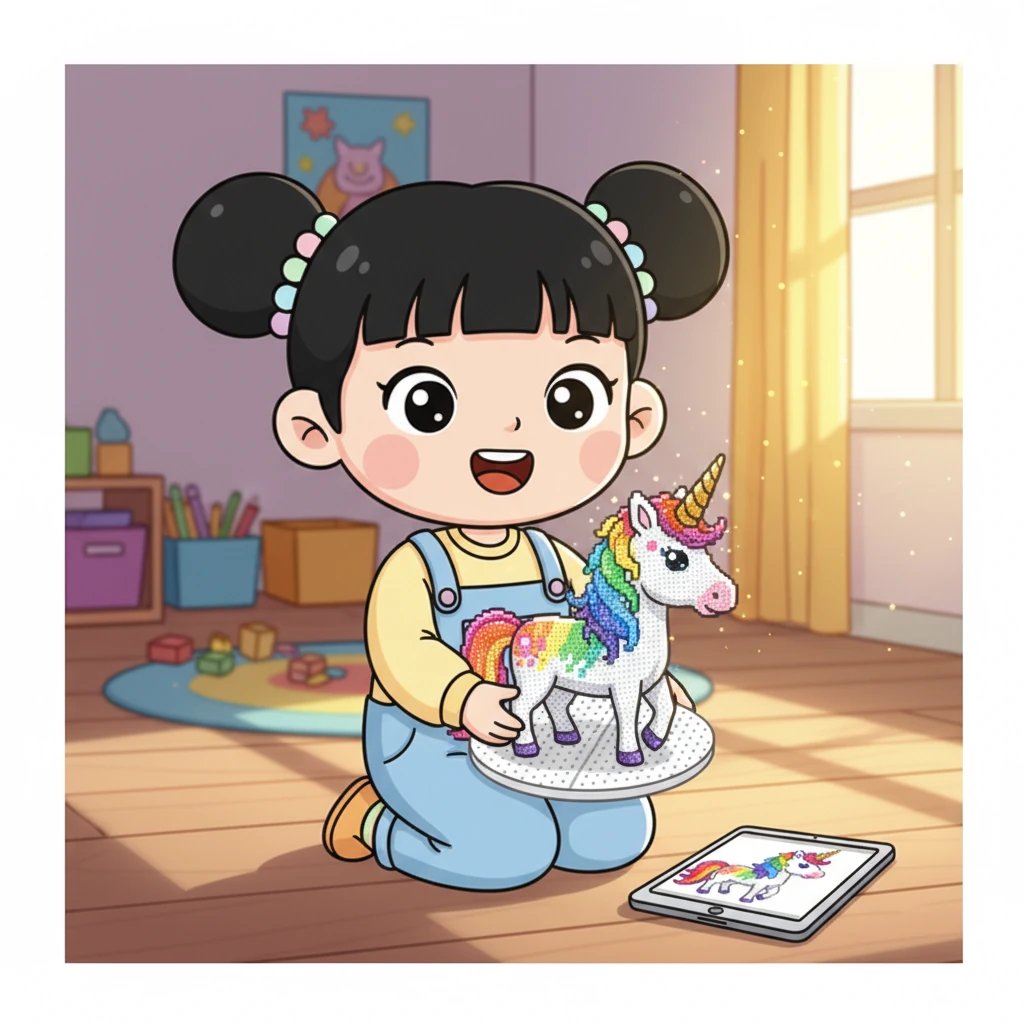 按照APP生成的图样,小艺用真实的拼豆拼出了一个完美的彩虹独角兽。它和照片上一模一样,甚至在阳光下显得更加闪亮,充满成就感。