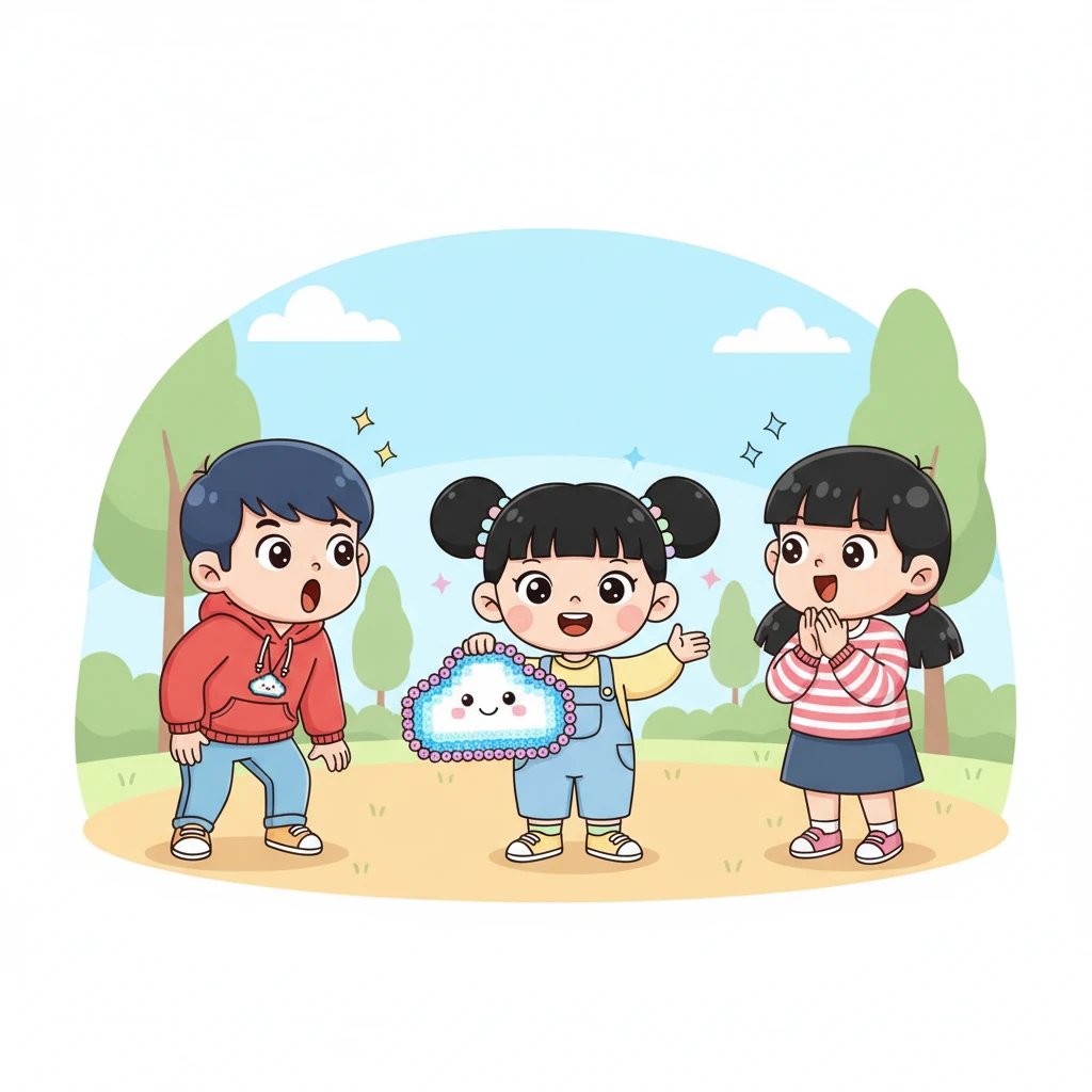 小艺自豪地展示她的作品,并向朋友们分享她的“拼豆魔法APP”的奇妙构想。朋友们都被她的创意和作品惊呆了,也想拥有这样的魔法APP。