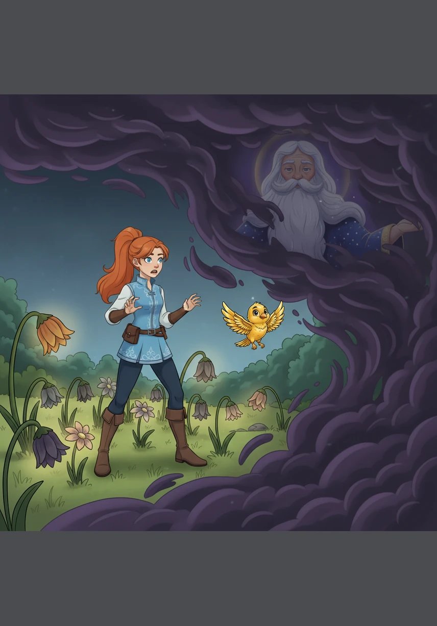 Suddenly, a cold mist of shadows crept over the hills, threatening to swallow the vibrant colors of the world. Seraphina felt a moment of fear as she watched the glowing flowers begin to wilt under the heavy gray gloom.
