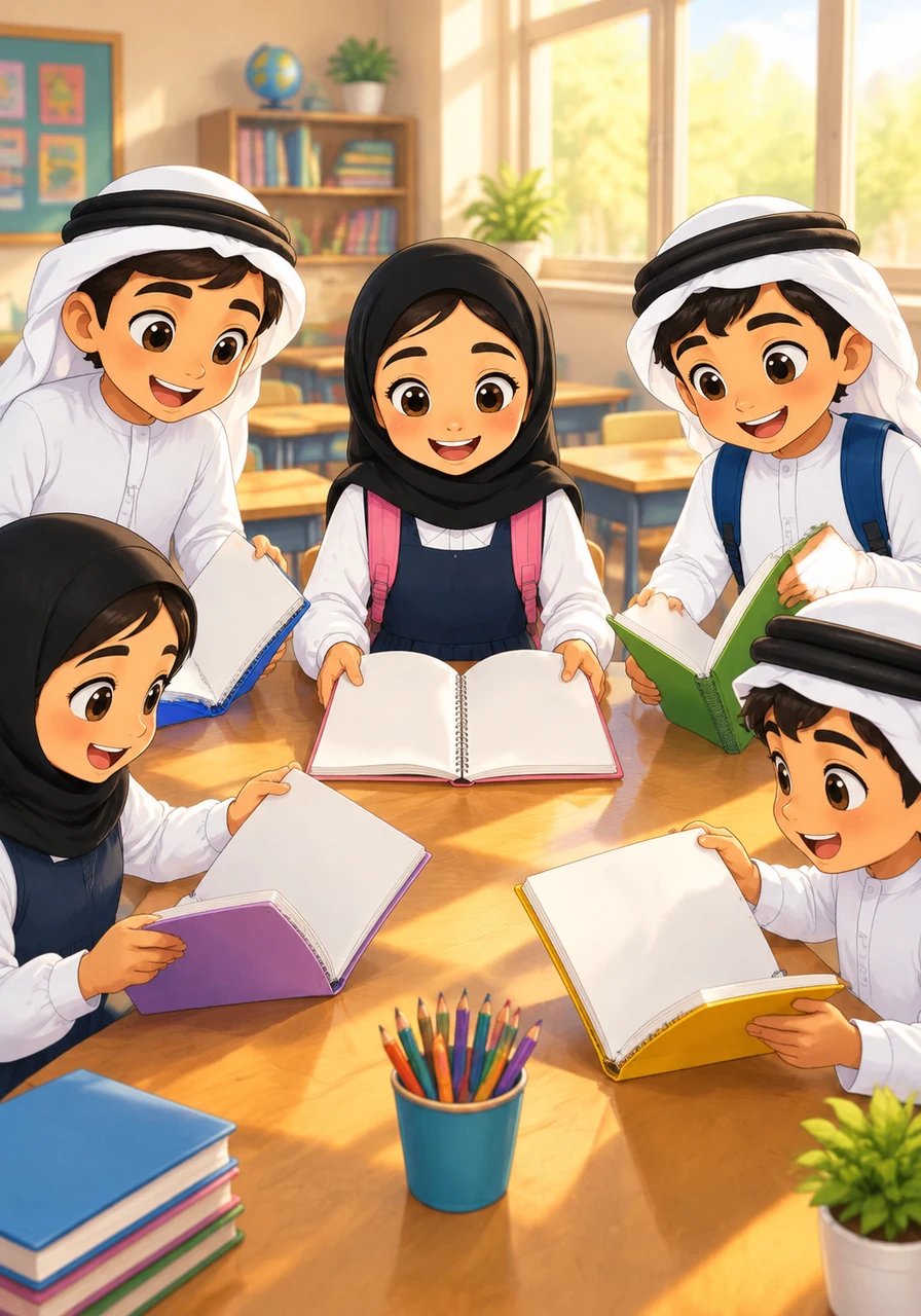 Golden afternoon light filtered into the bustling classroom where five close friends gathered around a large wooden table. Hessa, Ahmed, Shaheen, Al Maha, and Fahem opened their colorful notebooks, eager to begin their special school project about the United Arab Emirates.