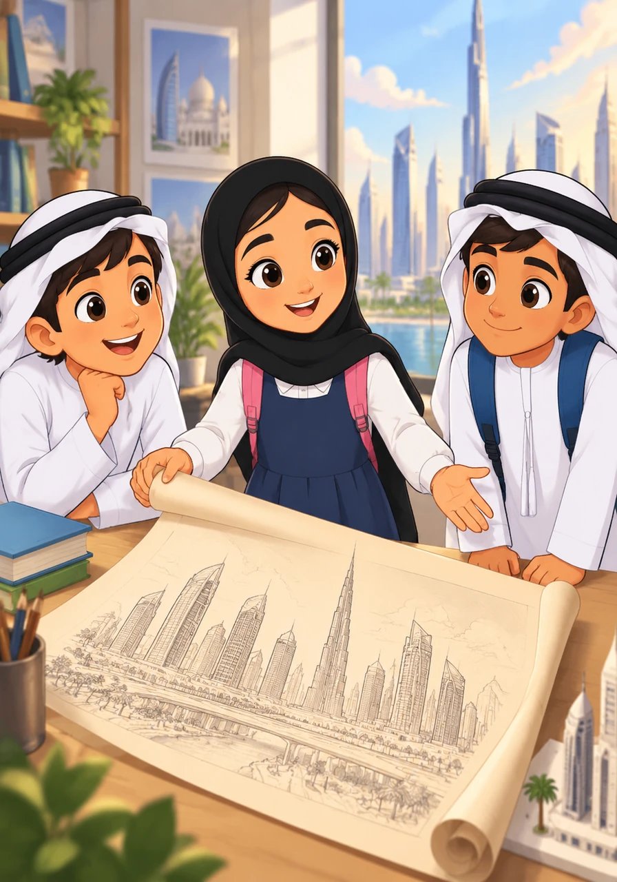 Hessa gently unrolled a sheet of pristine parchment adorned with elegant Arabic calligraphy and detailed sketches of modern skyscrapers. She looked at her friends with bright eyes, sharing that education is the key to protecting their national identity and building a prosperous future.