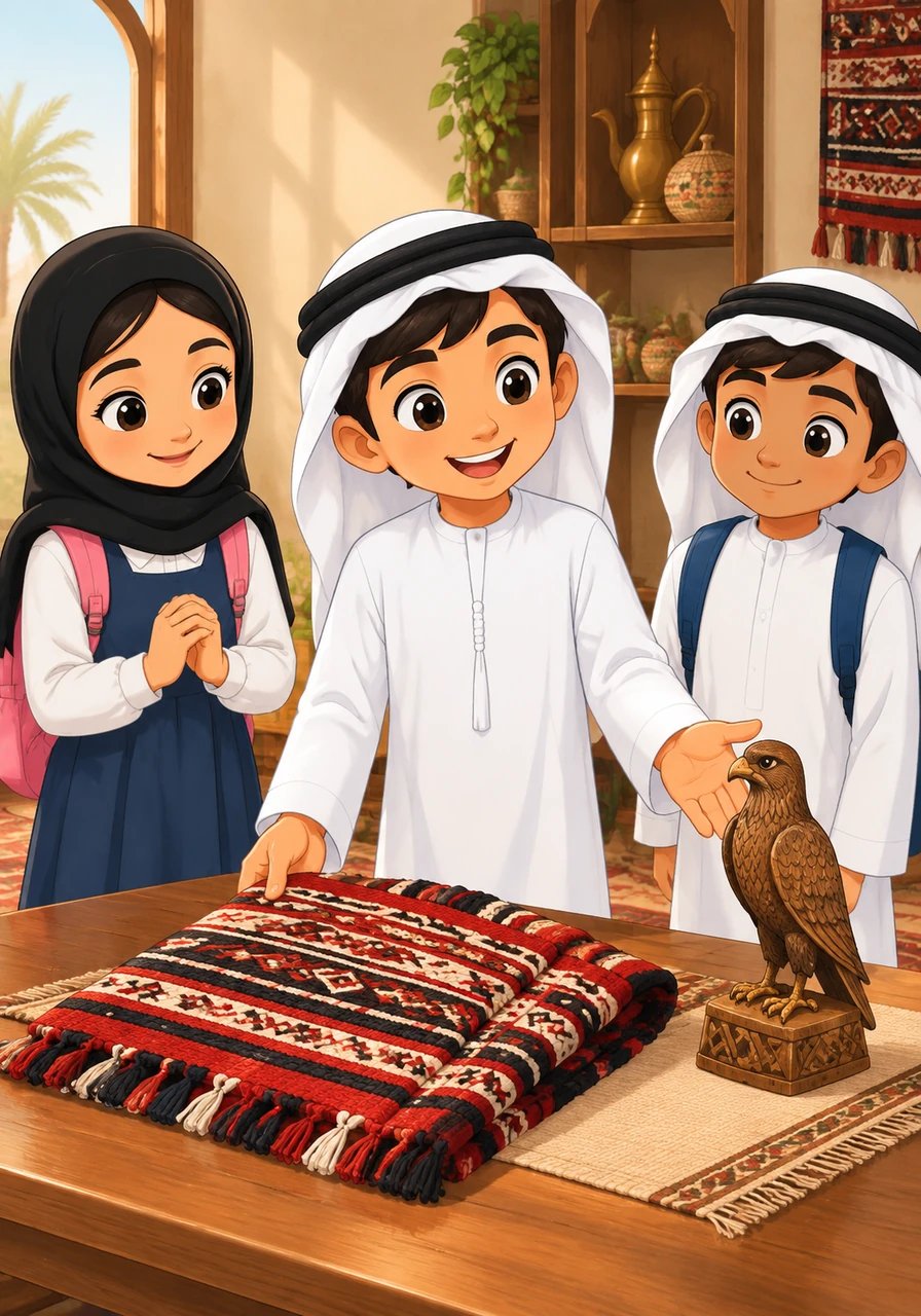 Shaheen placed an intricately woven traditional cloth and a small carved falcon statuette on the table. He spoke with deep respect, reminding the group that they should always hold their heads high and remain truly proud of their rich heritage.