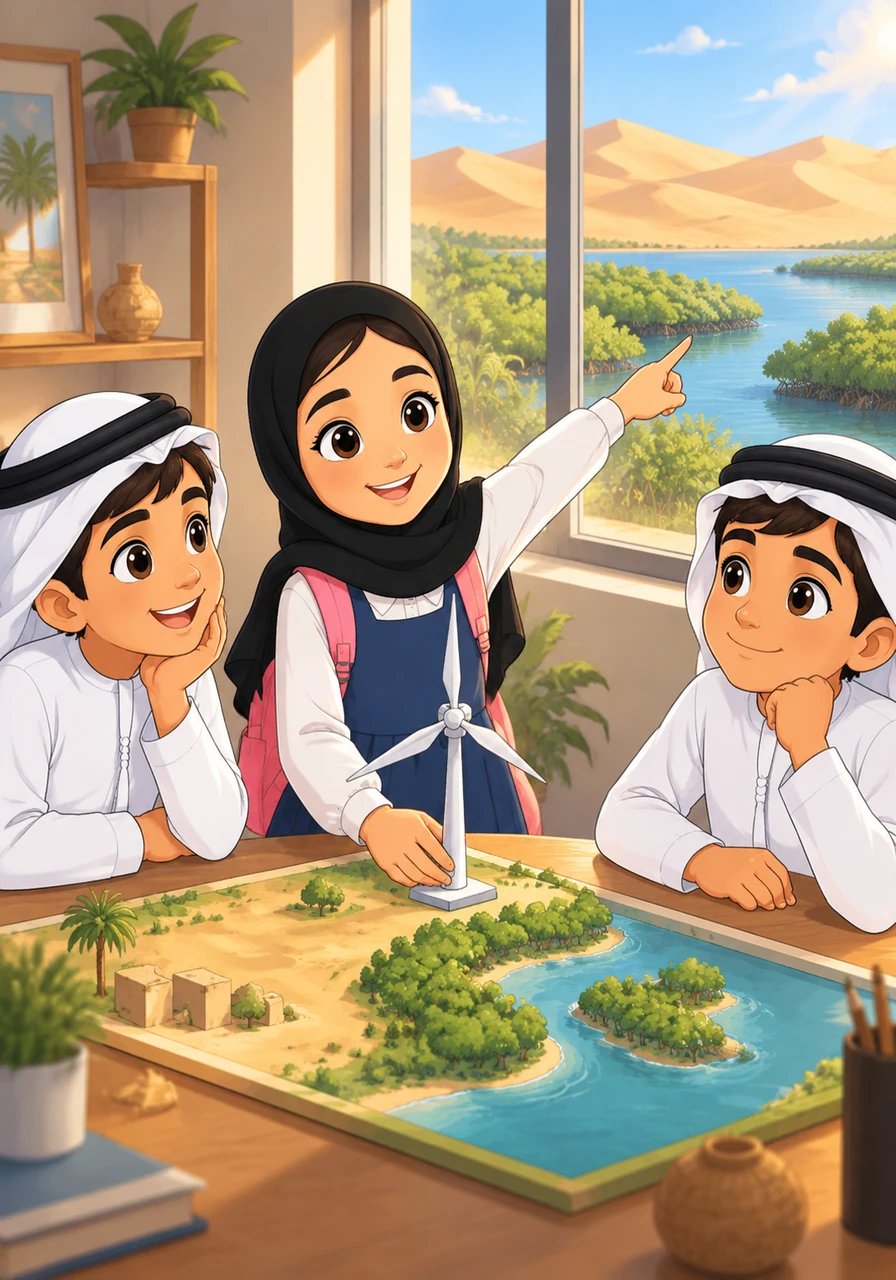 Al Maha pointed out the window toward the serene desert dunes and nearby green mangrove groves. She placed a tiny model of a solar windmill on their map, gently reminding her friends that protecting the UAE's natural environment is essential for their world.