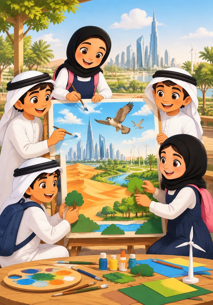 Together, the five friends began sketching, painting, and assembling their masterpiece on a grand display board. Golden sand dunes seamlessly blended into shimmering modern towers, while majestic falcons soared above lush green parks and clean energy turbines.
