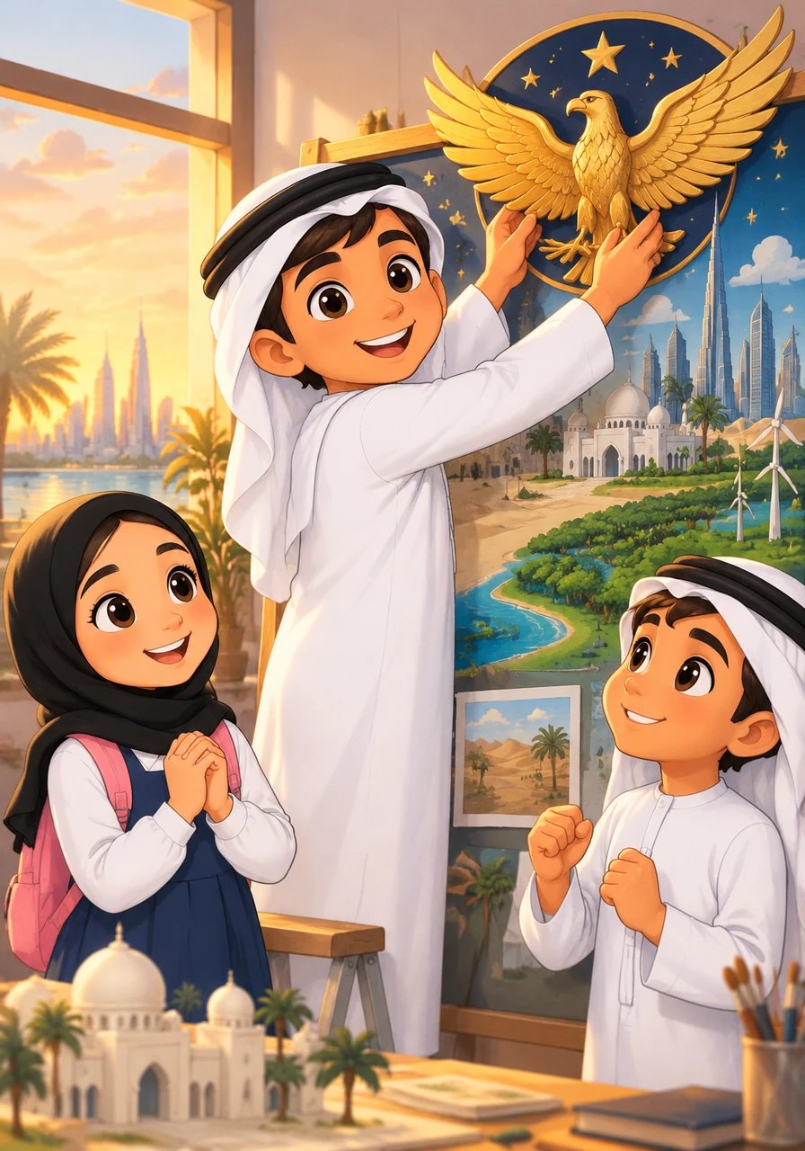 Ahmed smiled brightly as he placed the final emblem at the top of their display—a golden falcon reaching toward a field of twinkling stars. He reminded them all that when they learn, work together, and love their country, they can reach new horizons.