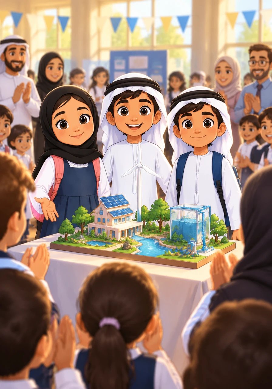 On the day of the school exhibition, the hall was filled with cheering classmates, proud parents, and inspiring teachers. Hessa and her friends stood proudly beside their shining project, confidently sharing their vision of history, harmony, and hope.