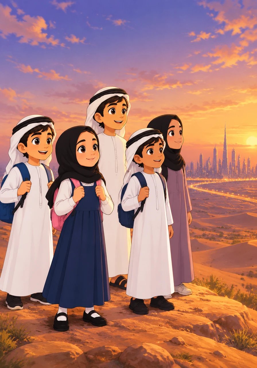 That evening, the five friends stood side-by-side on a gentle hilltop, watching the glittering city skyline meet the vast, tranquil desert sky. With hopeful hearts and big dreams, they knew they were ready to help shape a magnificent future for their beloved homeland.