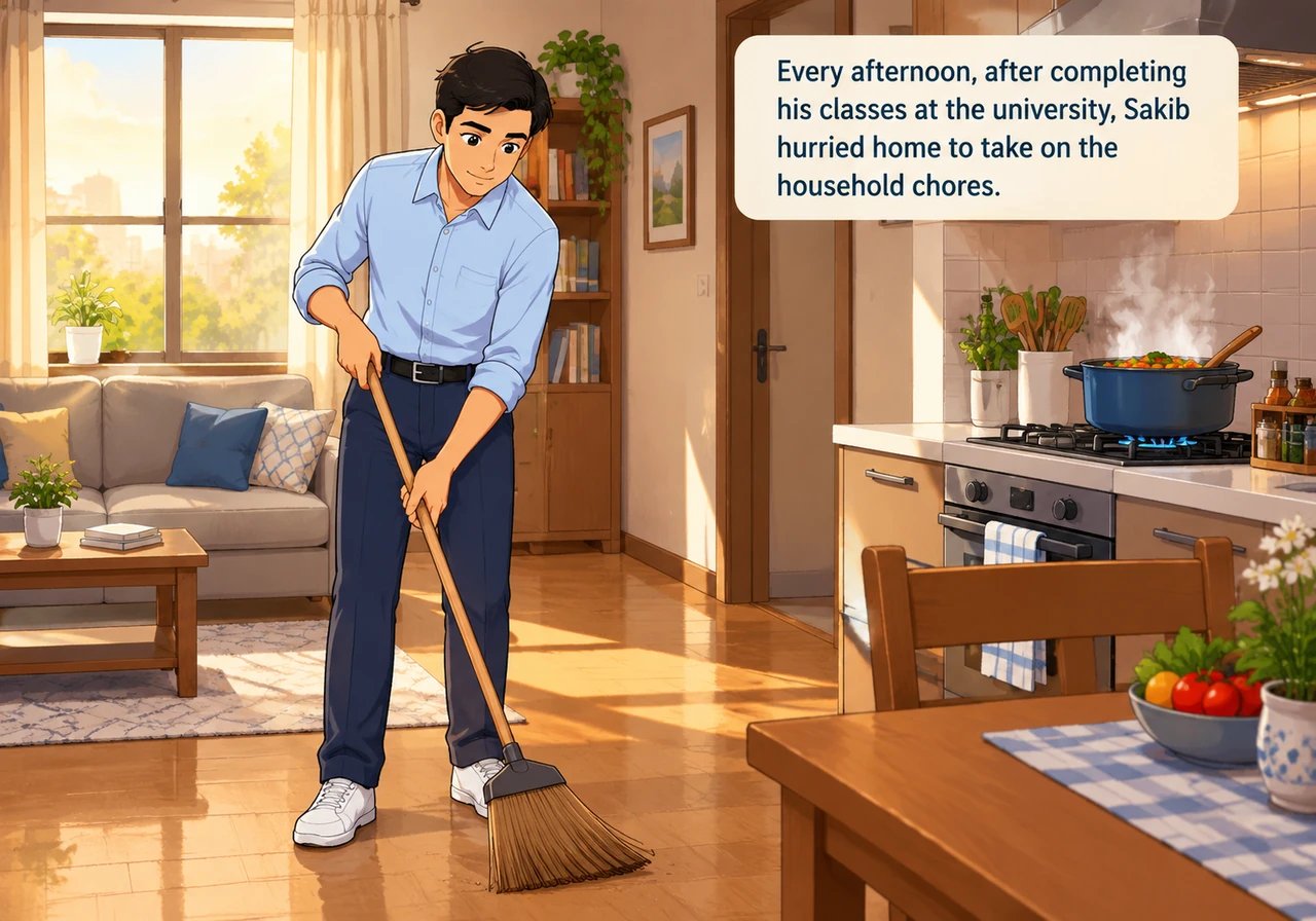 Every afternoon, after completing his classes at the university, Sakib hurried home to take on the household chores. He meticulously swept the rooms a