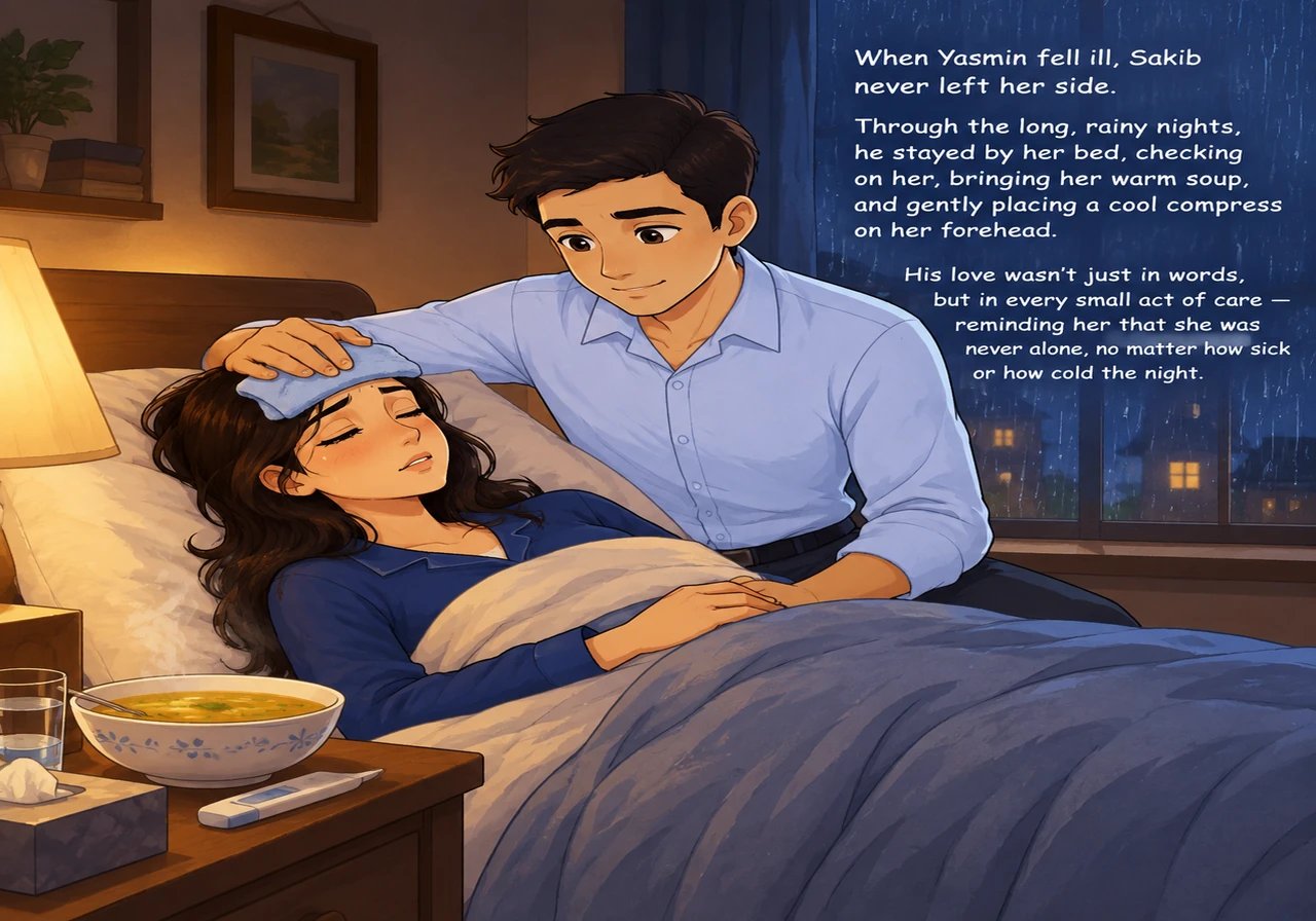 One rainy evening, Yasmin collapsed with a high fever and fell deeply ill. Sakib immediately stepped up, preparing warm soup, placing damp compresses