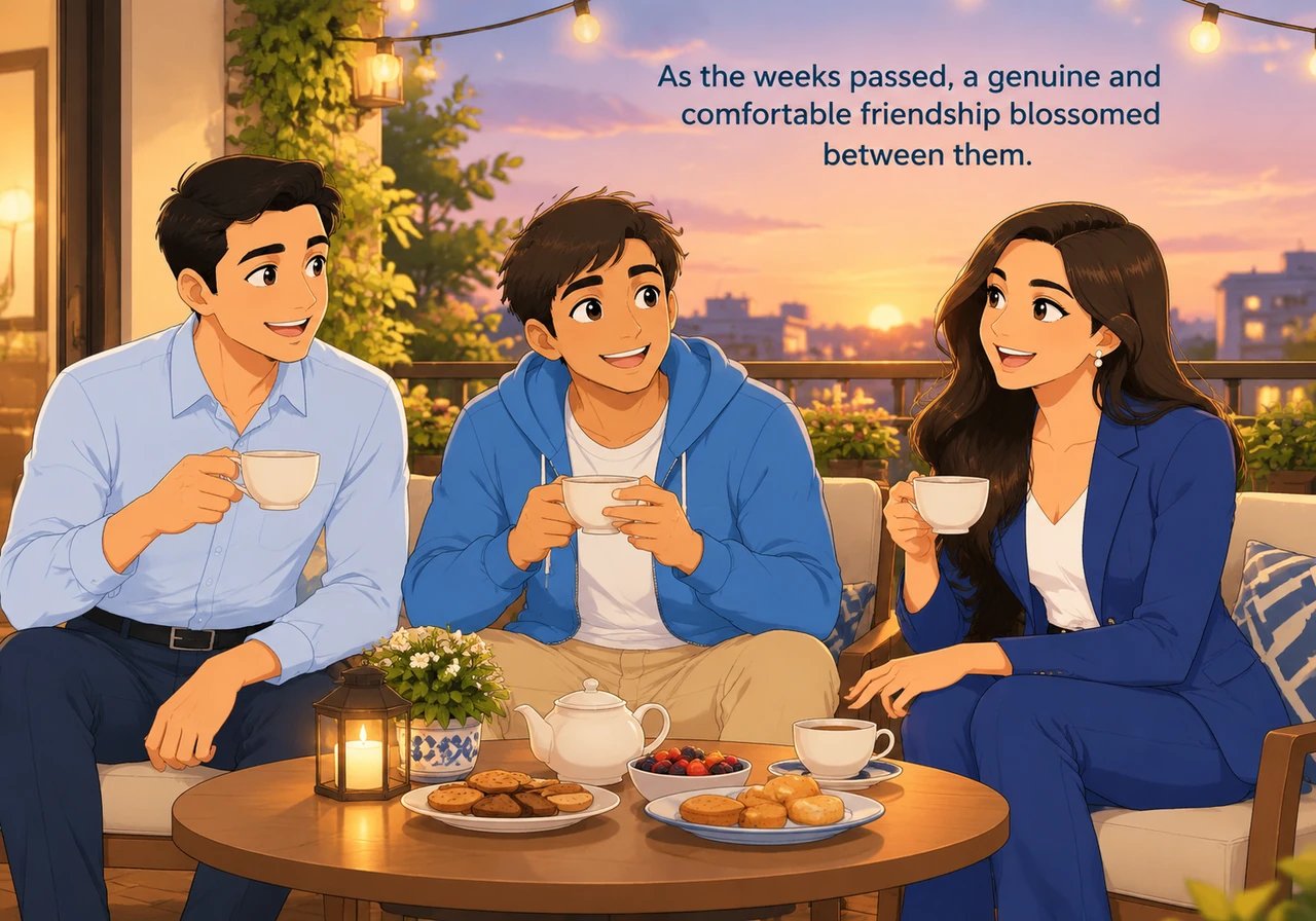 As the weeks passed, a genuine and comfortable friendship blossomed between them. They shared lively dinners, laughed over silly stories, and enjoyed