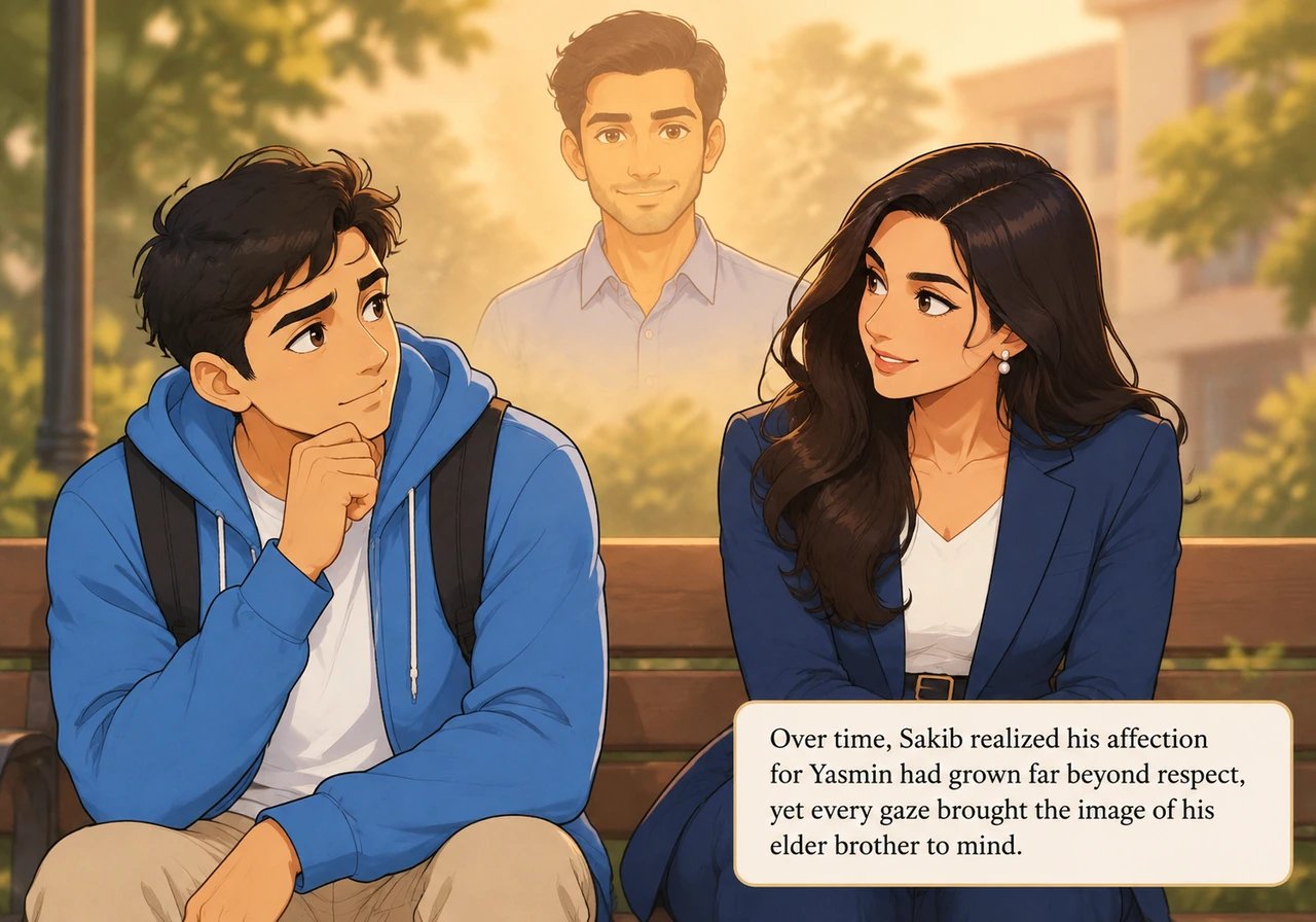 Over time, Sakib found himself admiring Yasmin's intelligence, graceful charm, and subtle vulnerability, realizing his affection for her had grown far